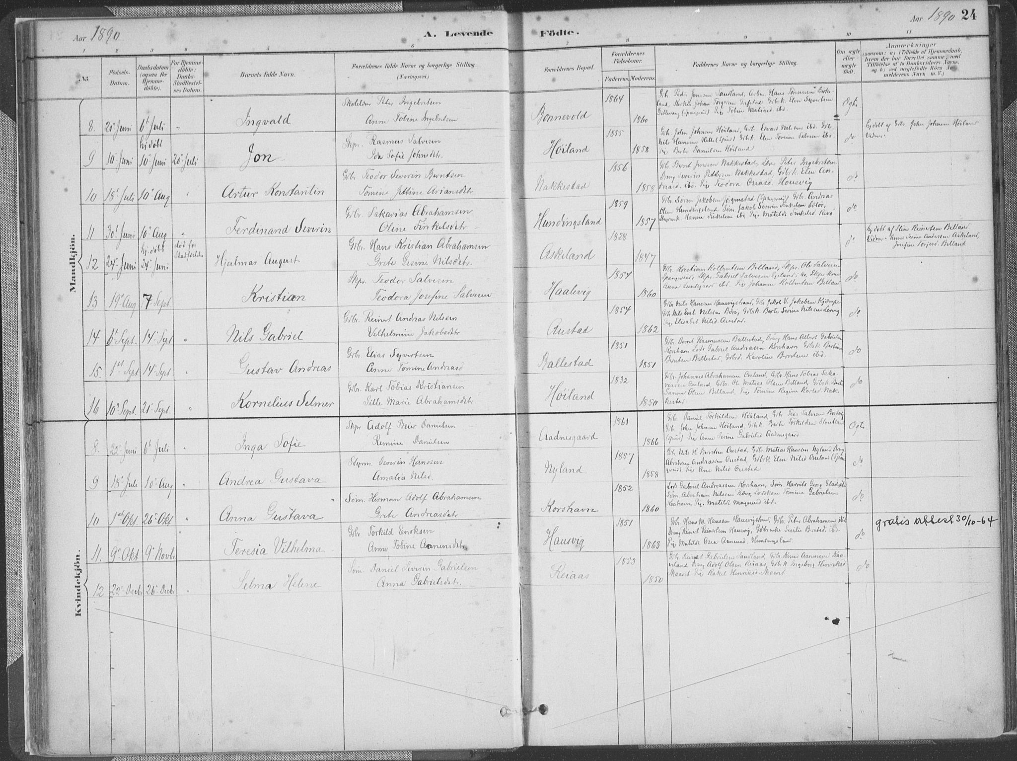 Lyngdal sokneprestkontor, AV/SAK-1111-0029/F/Fa/Faa/L0004: Parish register (official) no. A 4, 1883-1904, p. 24