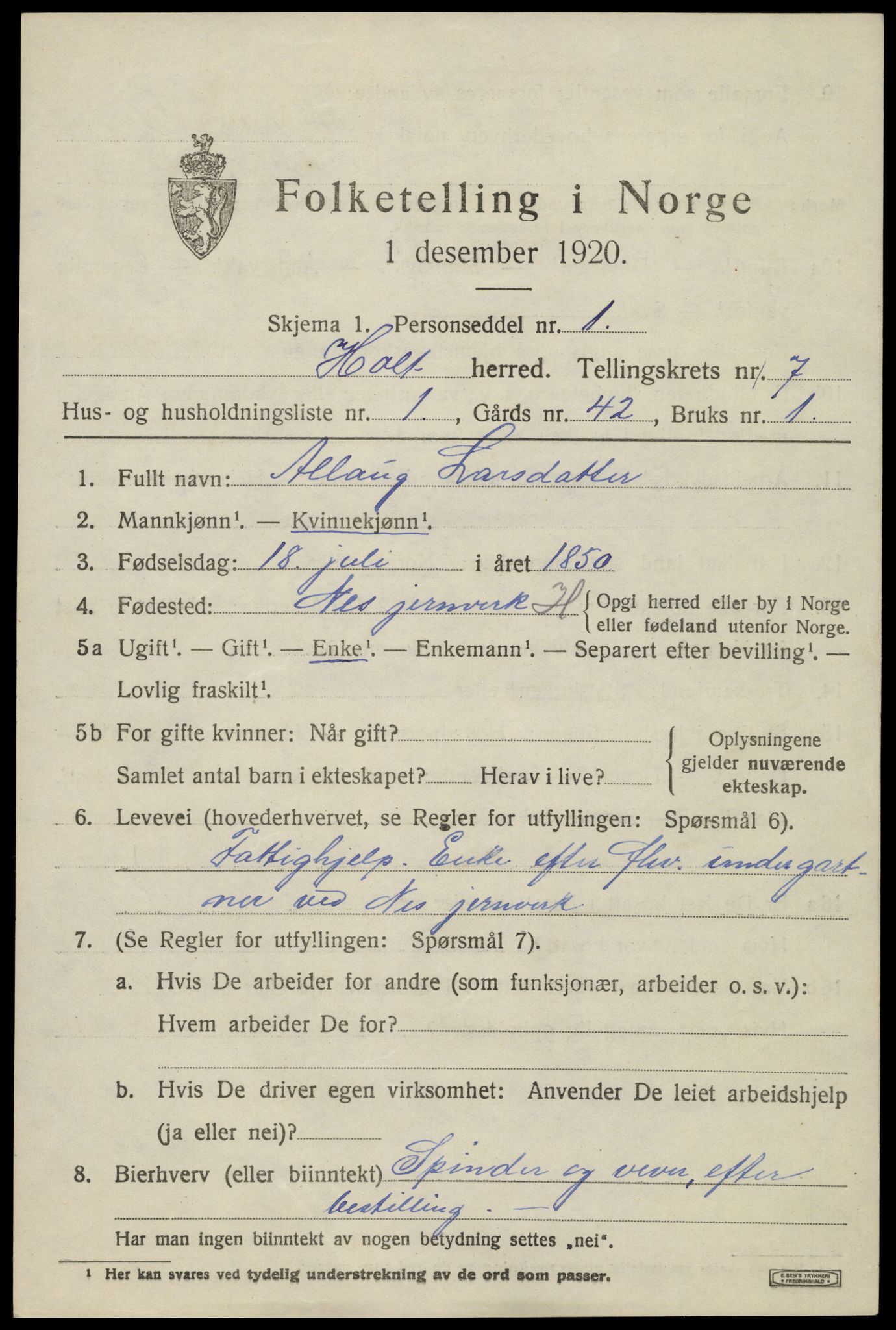 SAK, 1920 census for Holt, 1920, p. 4316