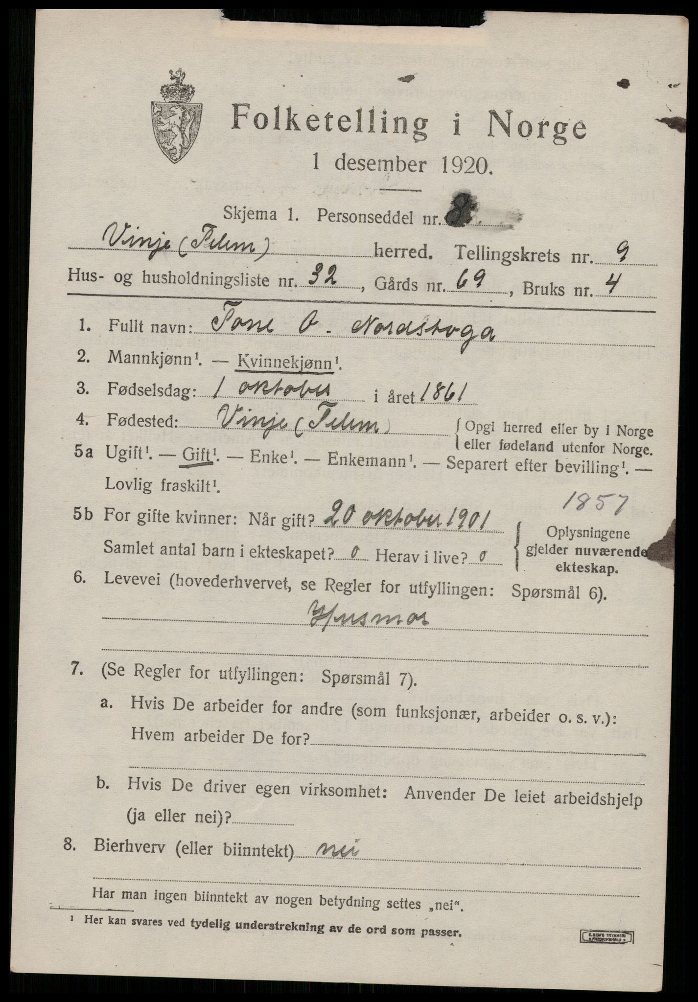 SAKO, 1920 census for Vinje, 1920, p. 2981