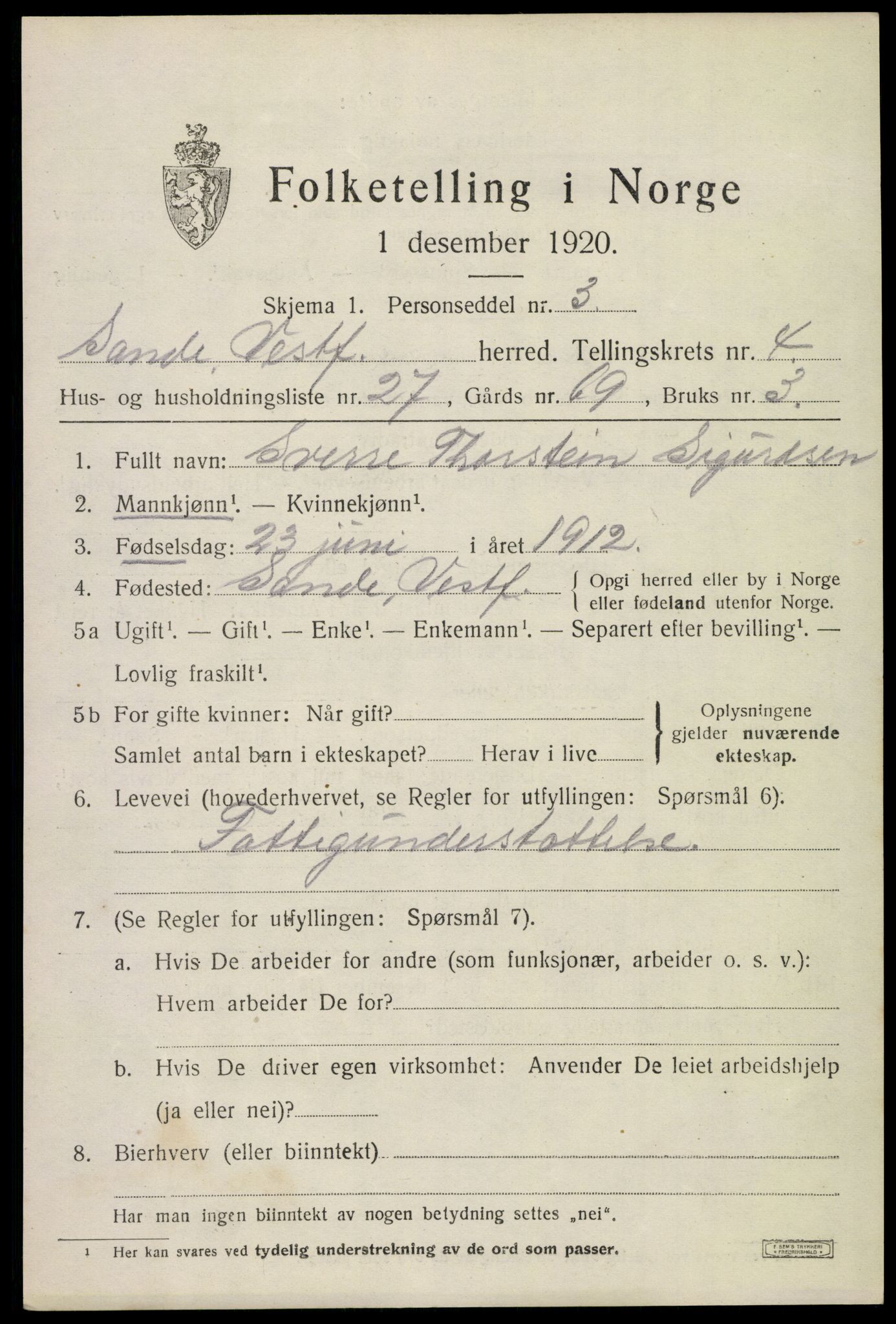 SAKO, 1920 census for Sande, 1920, p. 5876