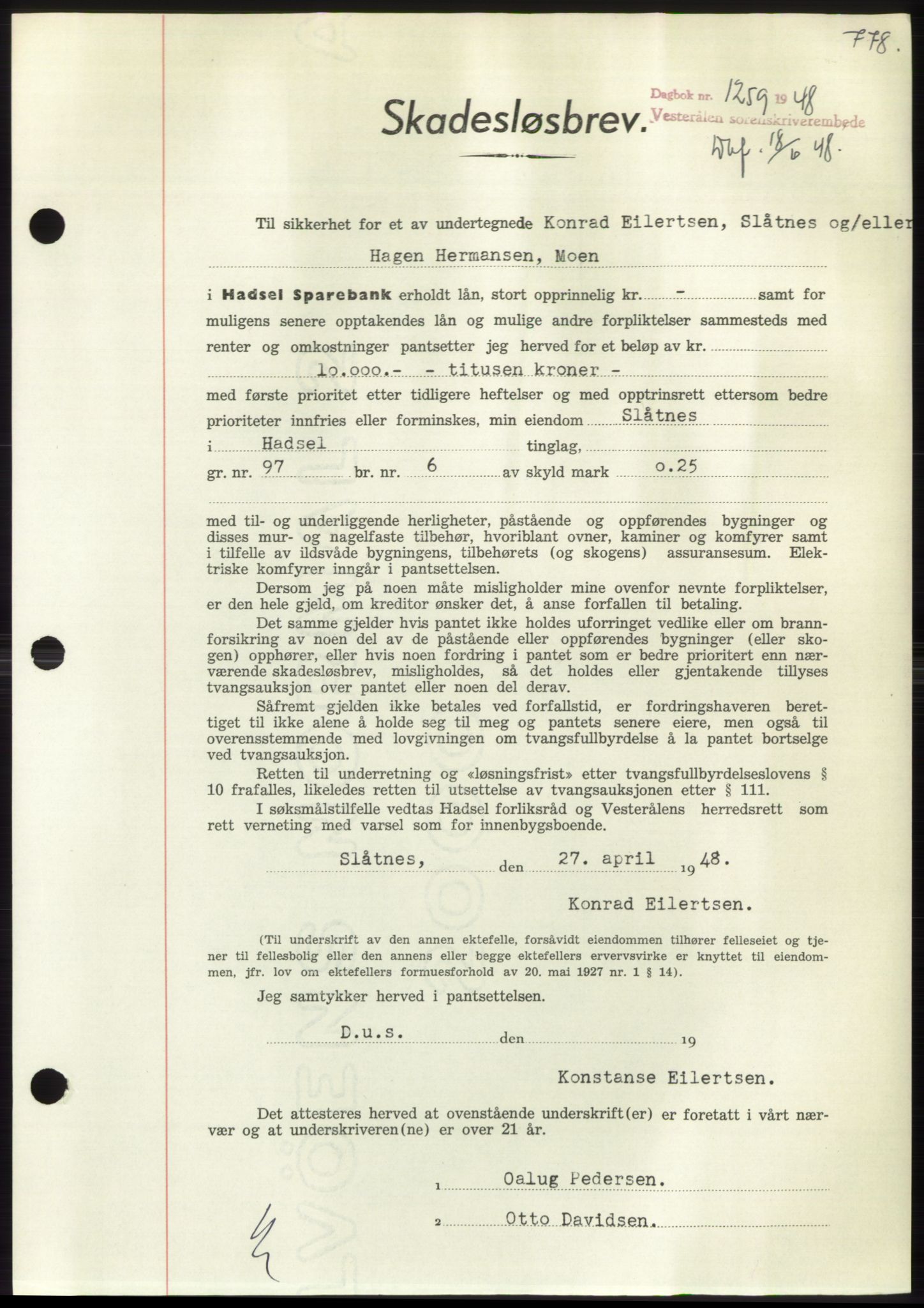 Vesterålen sorenskriveri, AV/SAT-A-4180/1/2/2Ca: Mortgage book no. B15-21, 1947-1949, Diary no: : 1259/1948