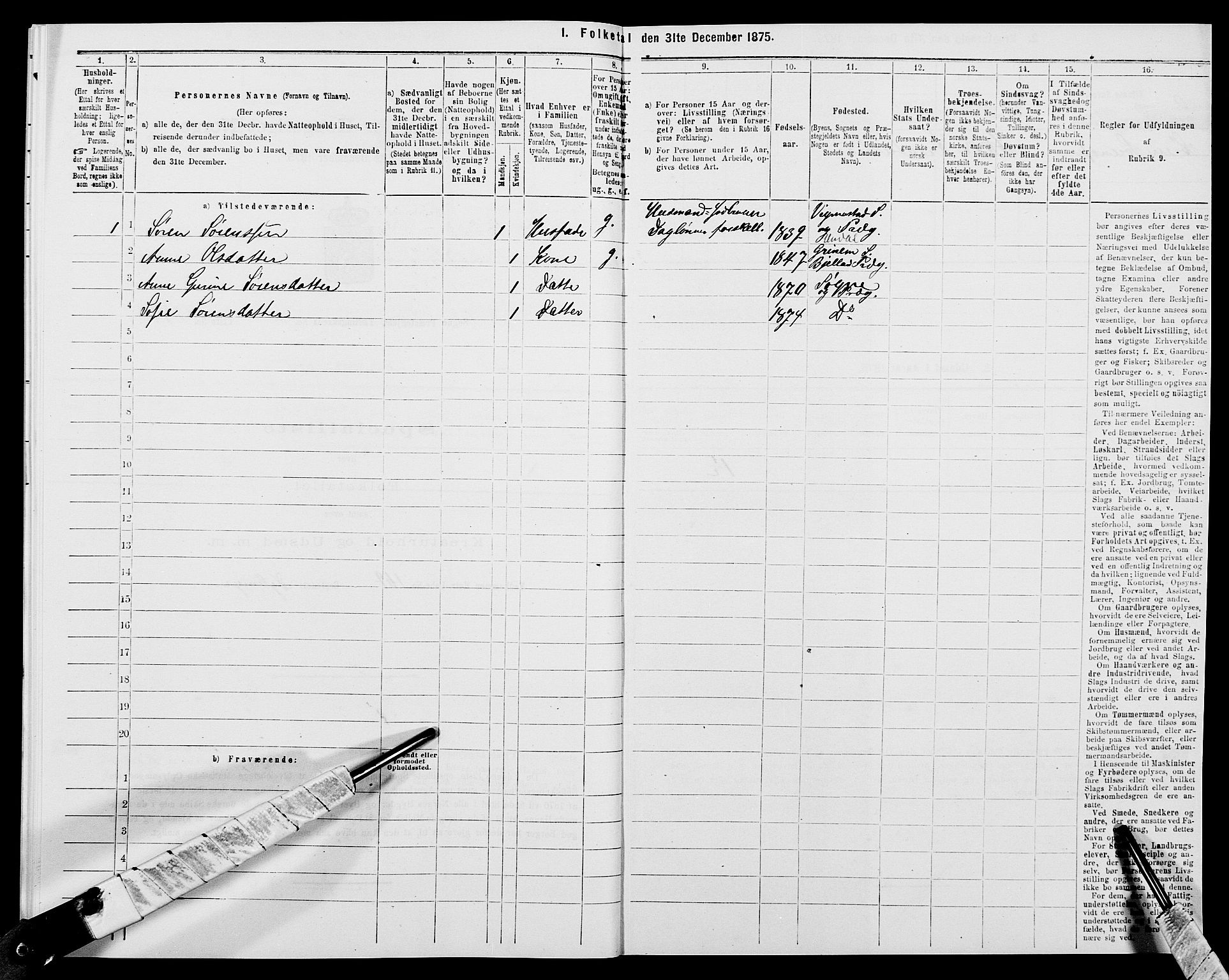 SAK, 1875 census for 1018P Søgne, 1875, p. 913