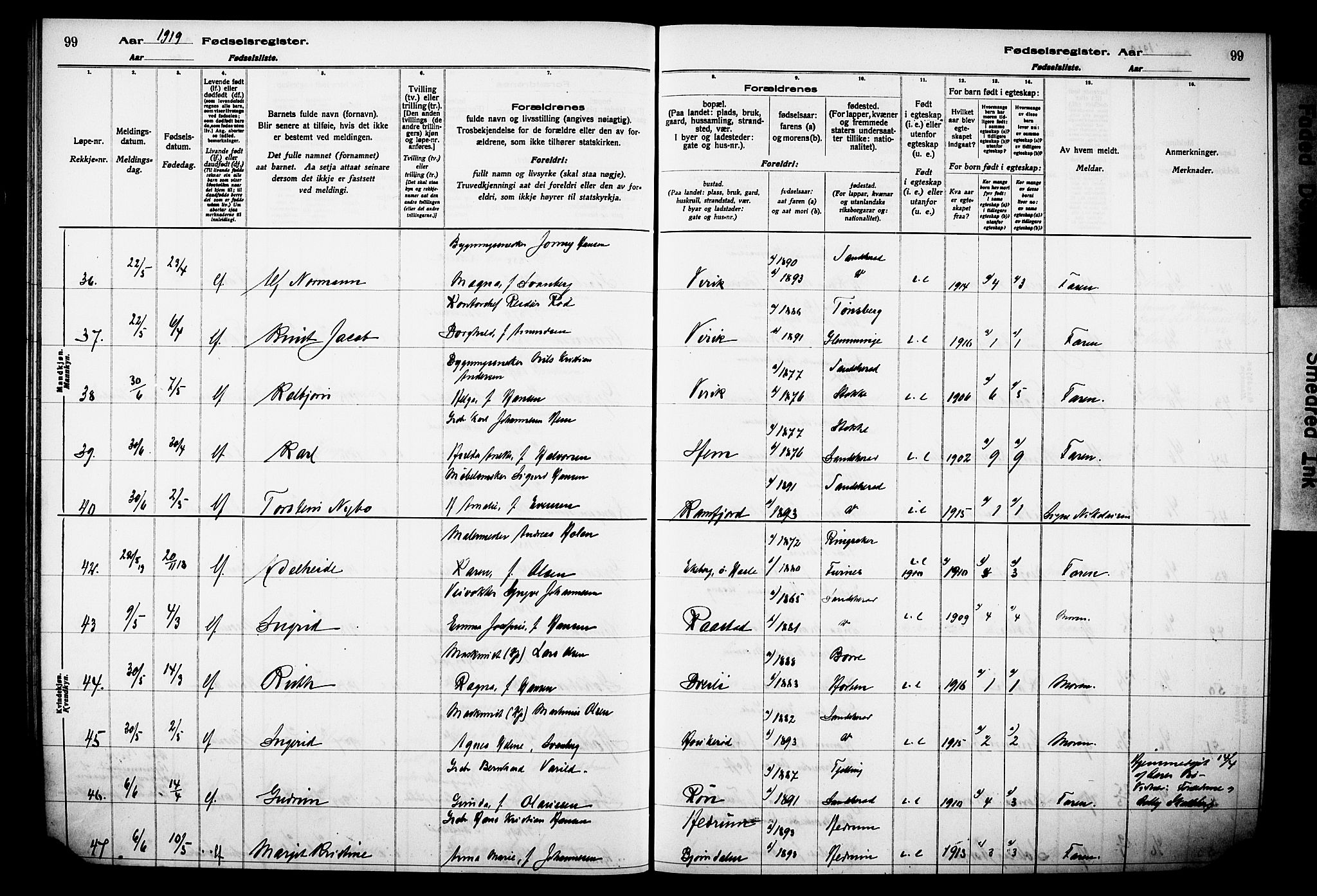 Sandar kirkebøker, AV/SAKO-A-243/J/Ja/L0001: Birth register no. 1, 1916-1922, p. 99