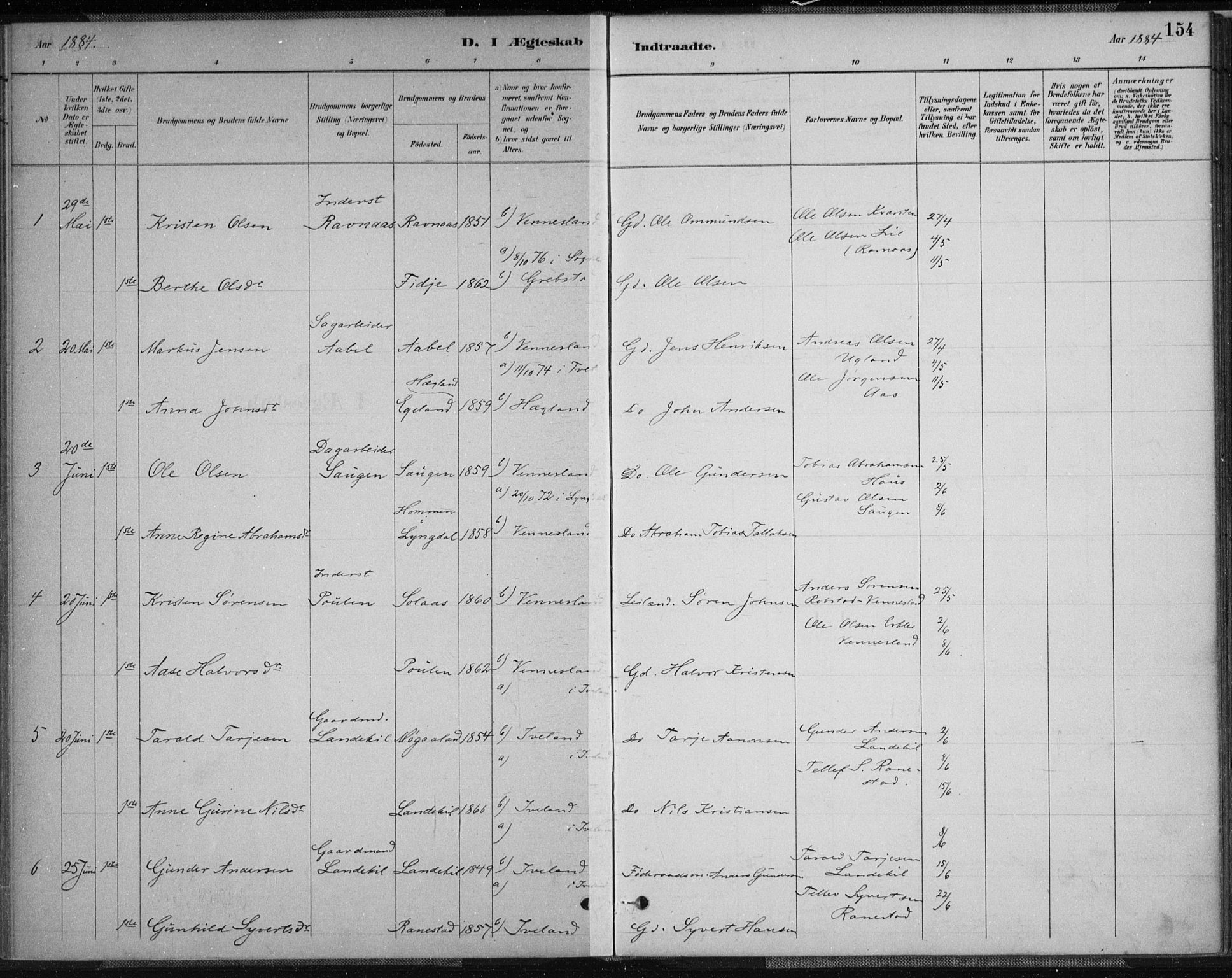 Vennesla sokneprestkontor, AV/SAK-1111-0045/Fa/Fab/L0004: Parish register (official) no. A 4, 1884-1896, p. 154