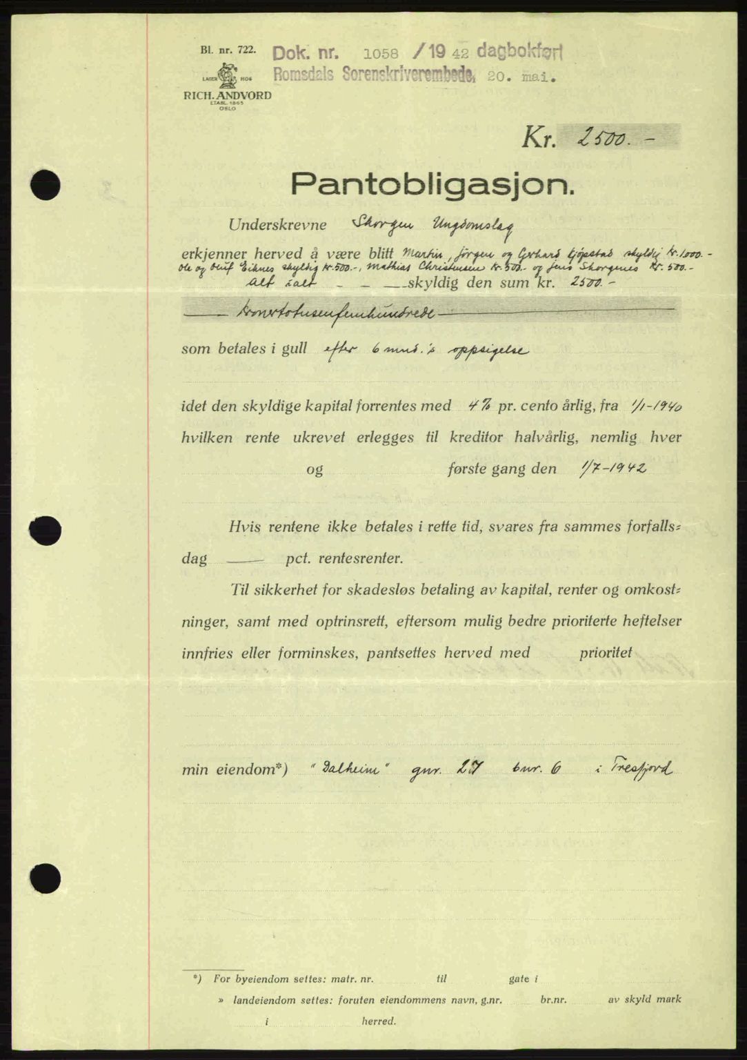 Romsdal sorenskriveri, AV/SAT-A-4149/1/2/2C: Mortgage book no. B2, 1939-1945, Diary no: : 1059/1942