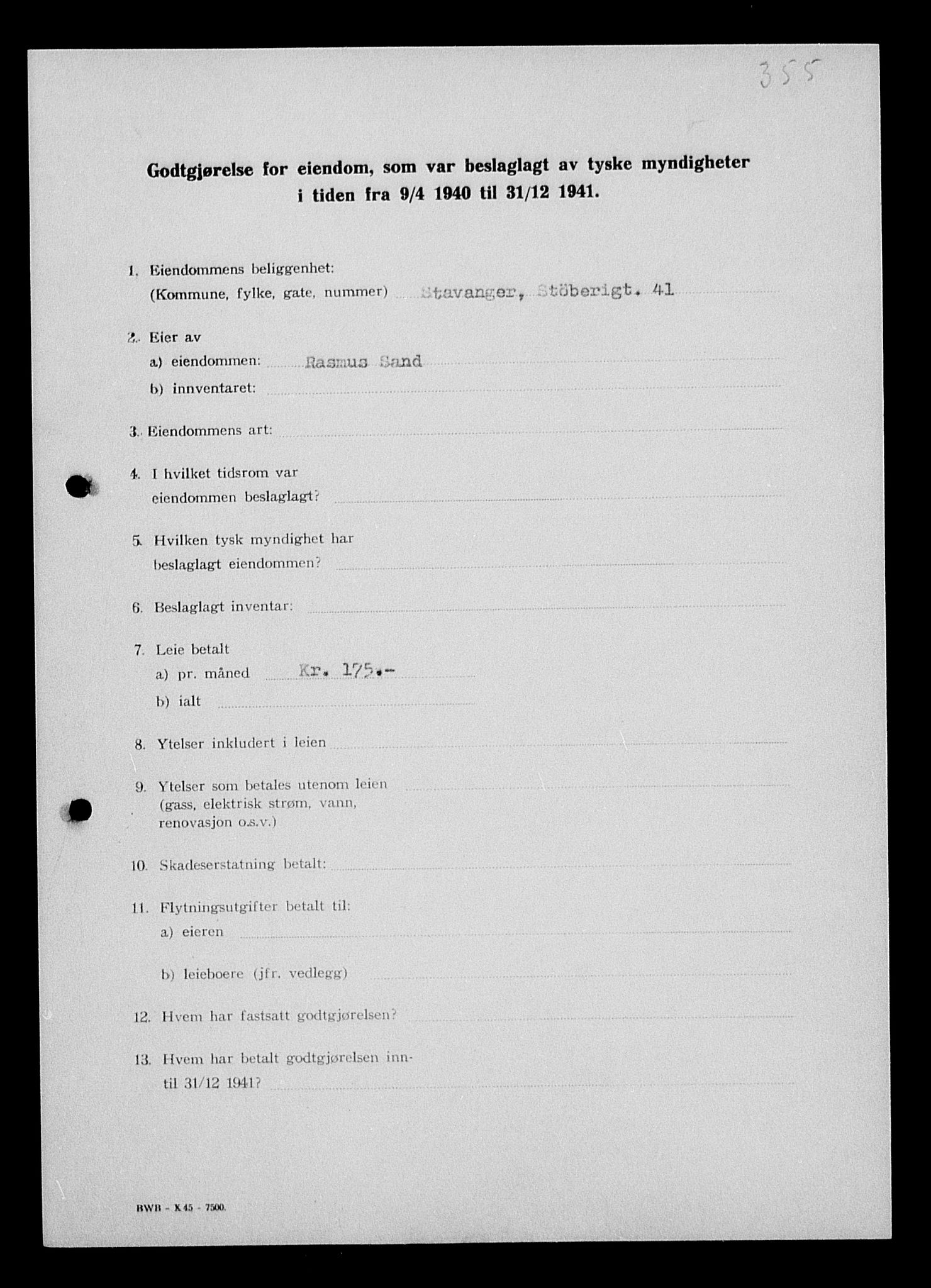 Justisdepartementet, Tilbakeføringskontoret for inndratte formuer, AV/RA-S-1564/I/L1014: Godtgjørelse for beslaglagt eiendom, 1940-1941, p. 116