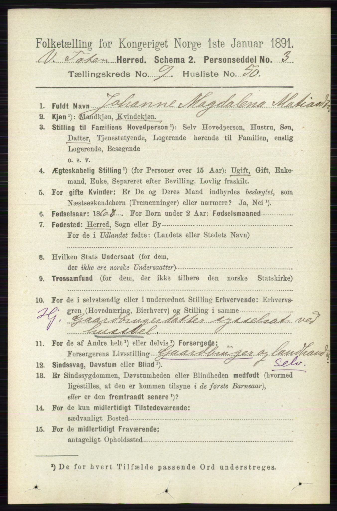 RA, 1891 census for 0529 Vestre Toten, 1891, p. 5871