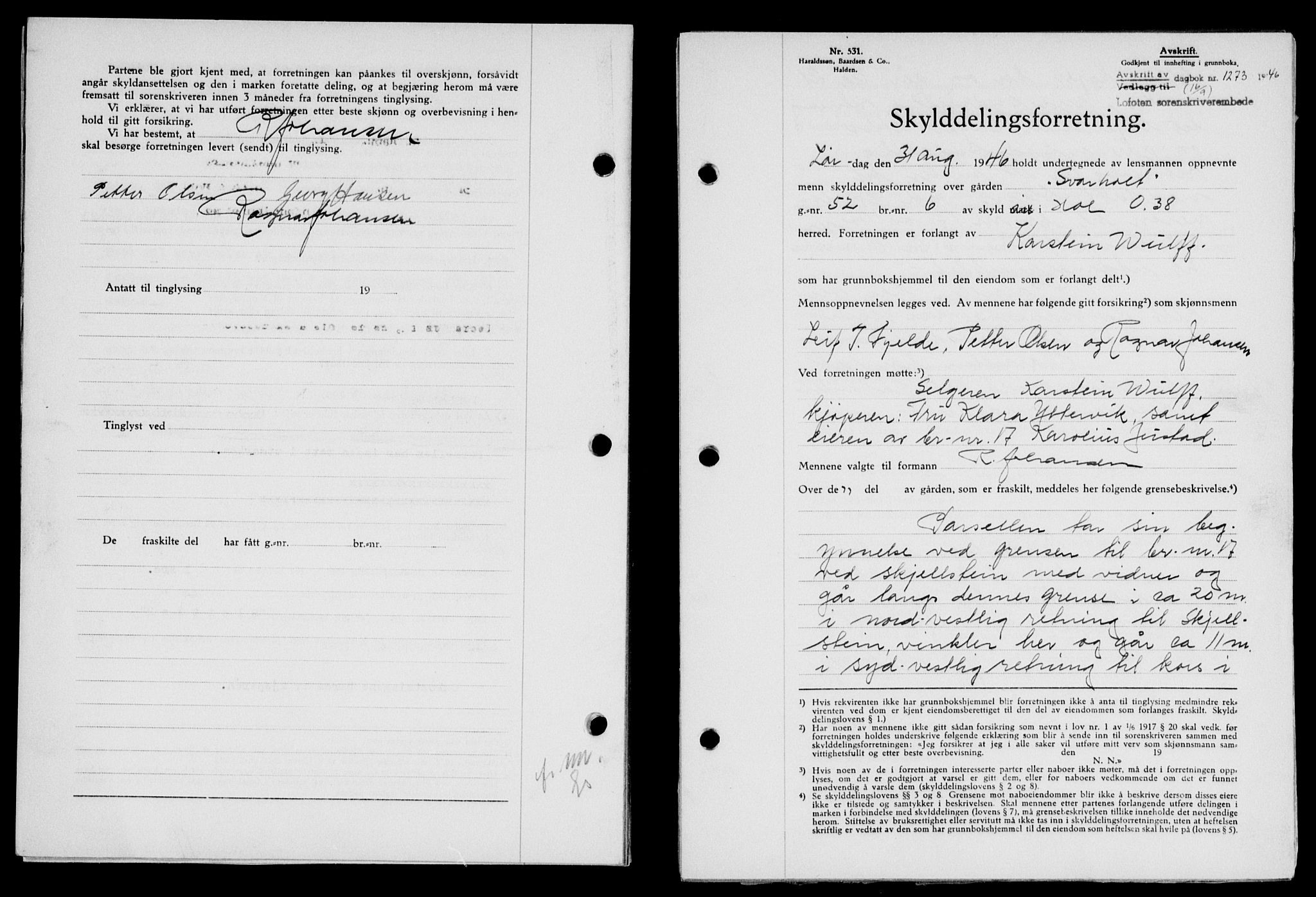Lofoten sorenskriveri, SAT/A-0017/1/2/2C/L0014a: Mortgage book no. 14a, 1946-1946, Diary no: : 1273/1946