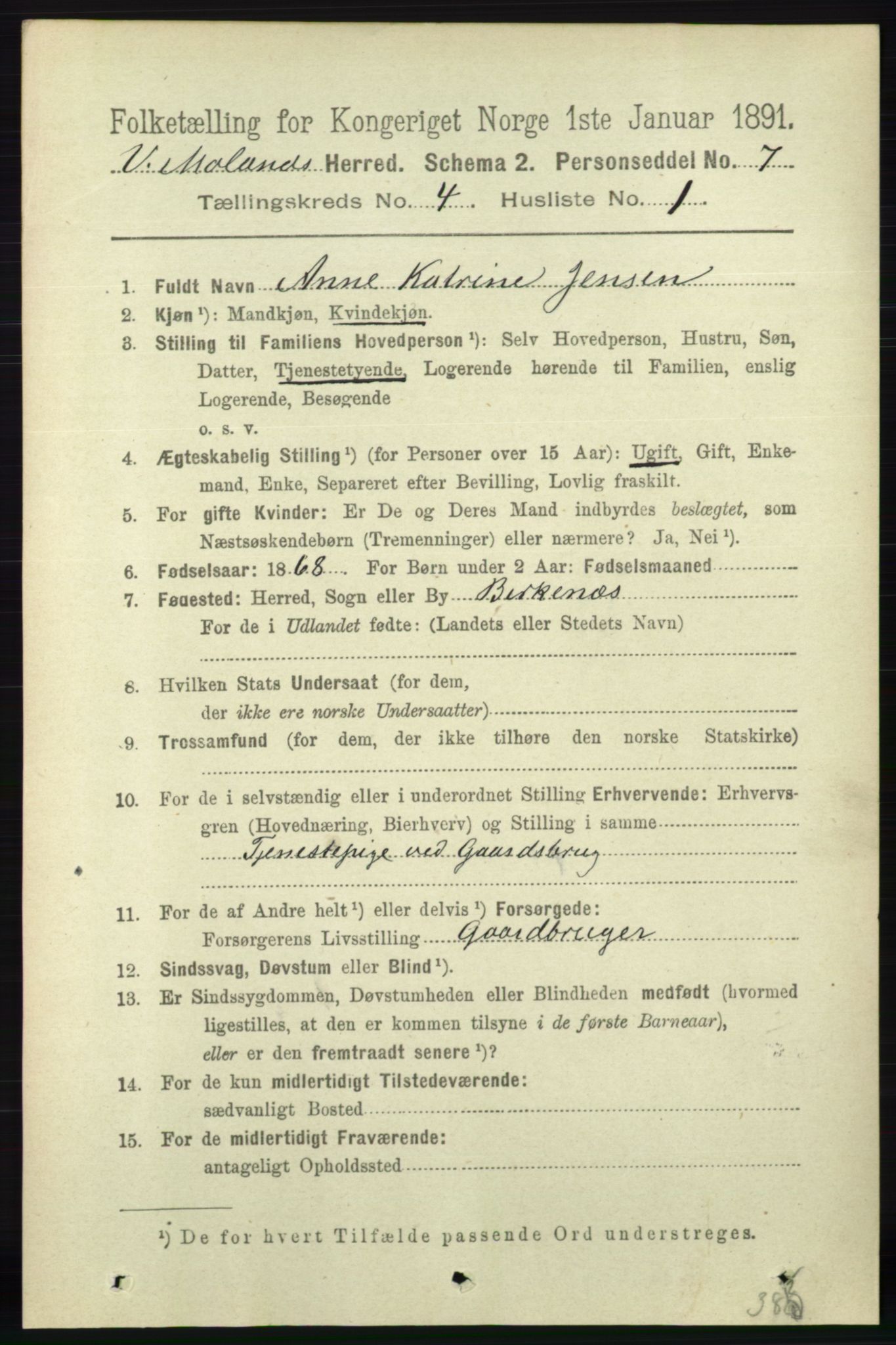 RA, 1891 census for 0926 Vestre Moland, 1891, p. 1230