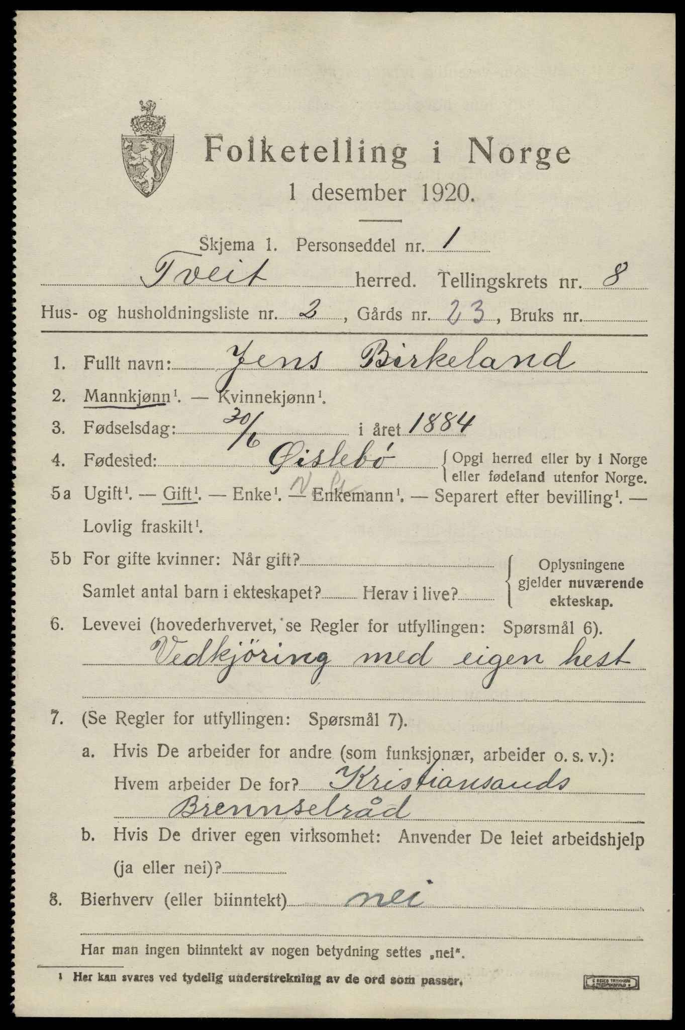 SAK, 1920 census for Tveit, 1920, p. 3492