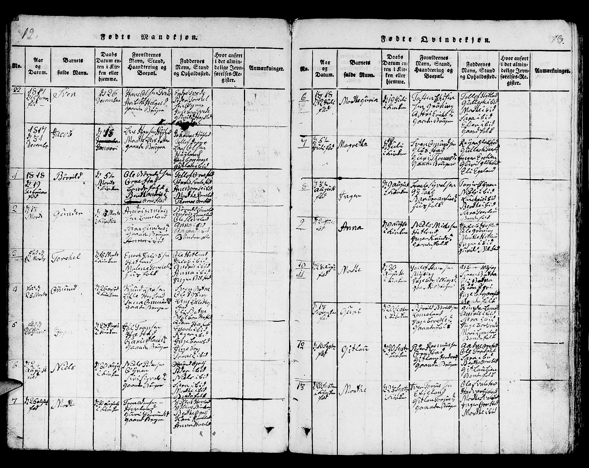 Helleland sokneprestkontor, SAST/A-101810: Parish register (copy) no. B 1, 1815-1841, p. 12-13