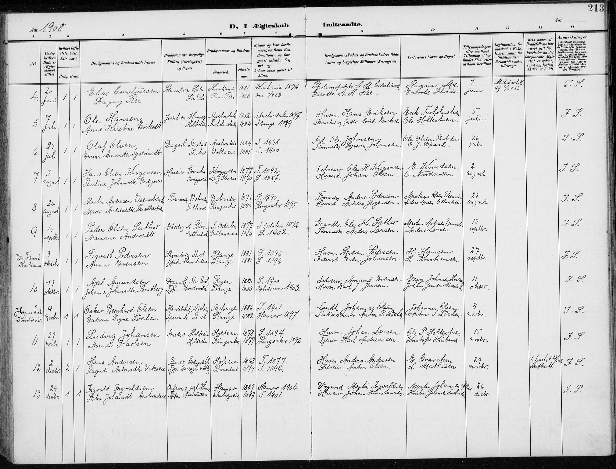 Stange prestekontor, AV/SAH-PREST-002/K/L0024: Parish register (official) no. 24, 1906-1922, p. 213