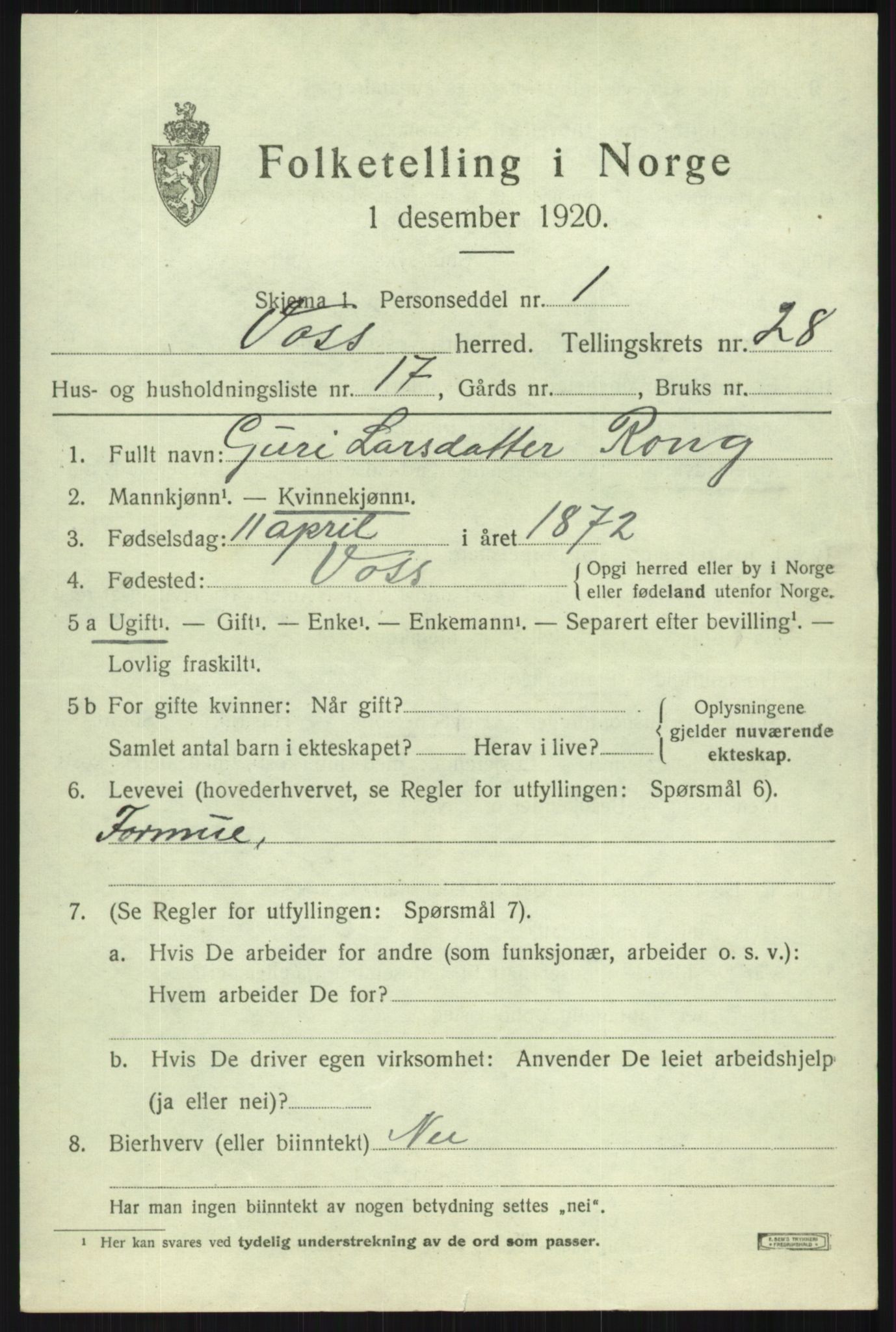 SAB, 1920 census for Voss, 1920, p. 19257