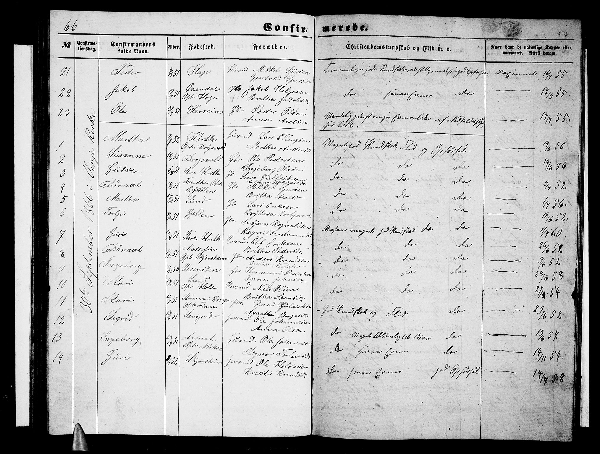 Vossestrand Sokneprestembete, AV/SAB-A-79101/H/Hab: Parish register (copy) no. B 1, 1855-1867, p. 66