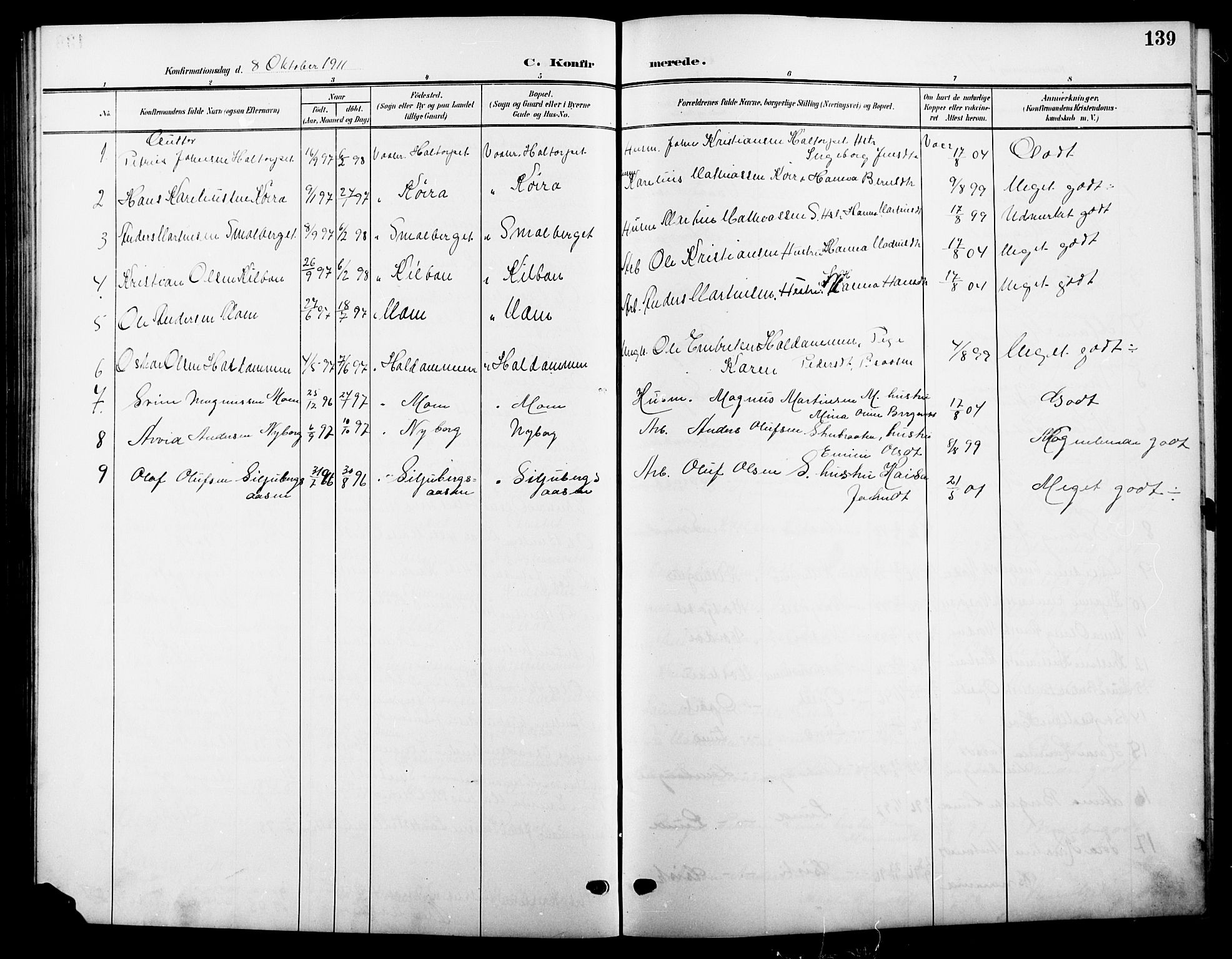 Våler prestekontor, Hedmark, SAH/PREST-040/H/Ha/Hab/L0002: Parish register (copy) no. 2, 1905-1915, p. 139