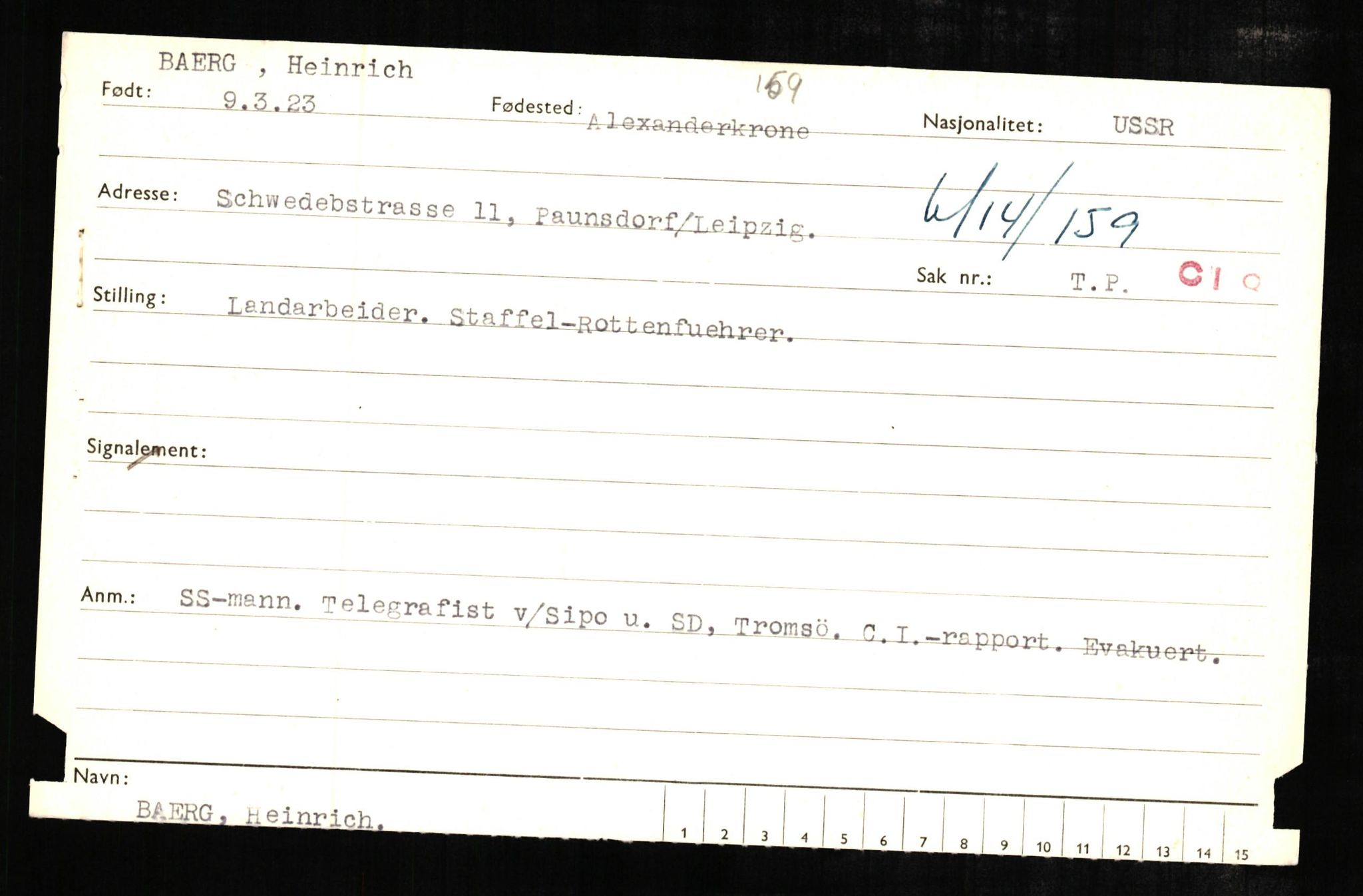 Forsvaret, Forsvarets overkommando II, RA/RAFA-3915/D/Db/L0005: CI Questionaires. Tyske okkupasjonsstyrker i Norge. Tyskere., 1945-1946, p. 101