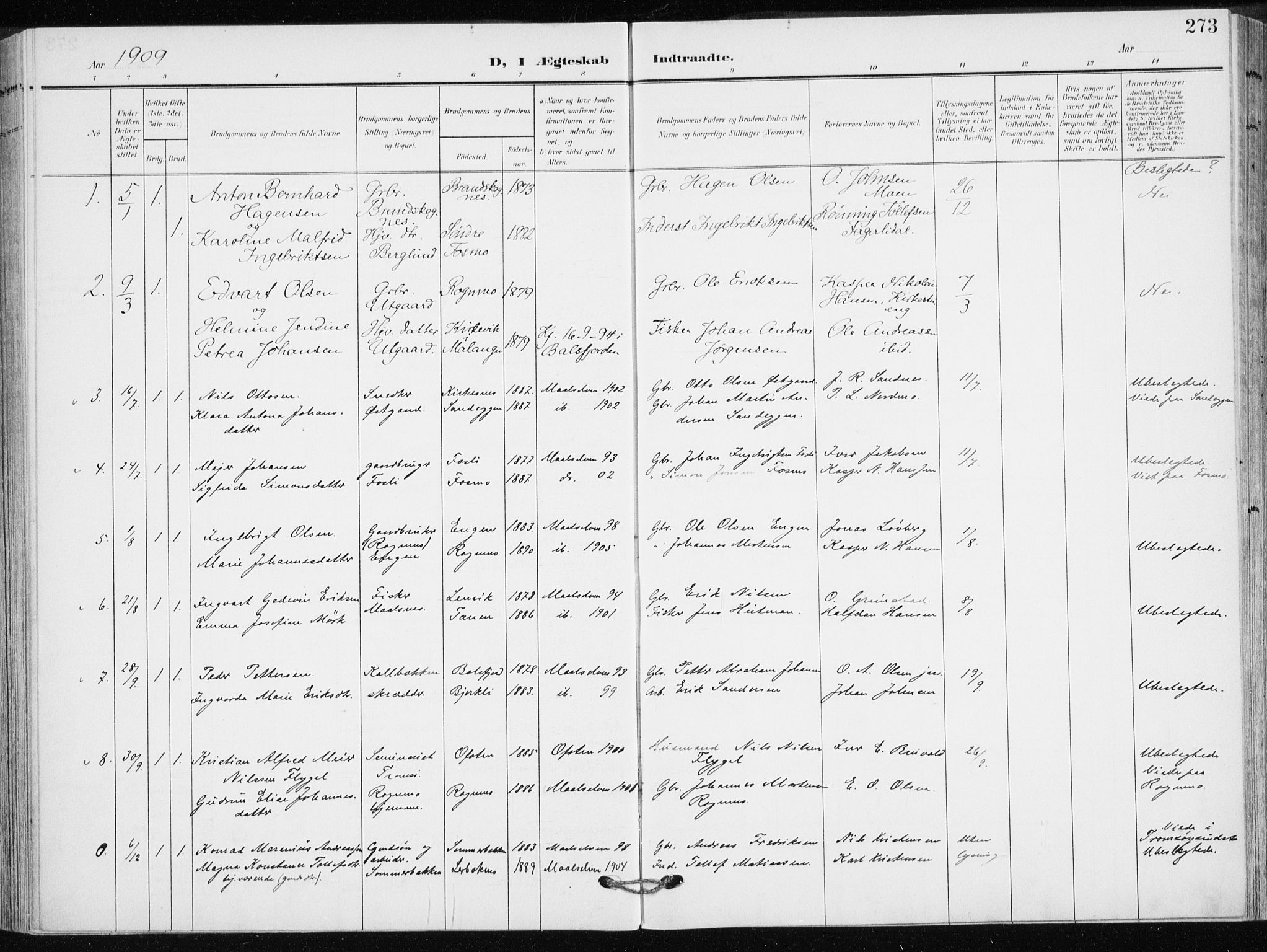 Målselv sokneprestembete, SATØ/S-1311/G/Ga/Gaa/L0011kirke: Parish register (official) no. 11, 1904-1918, p. 273