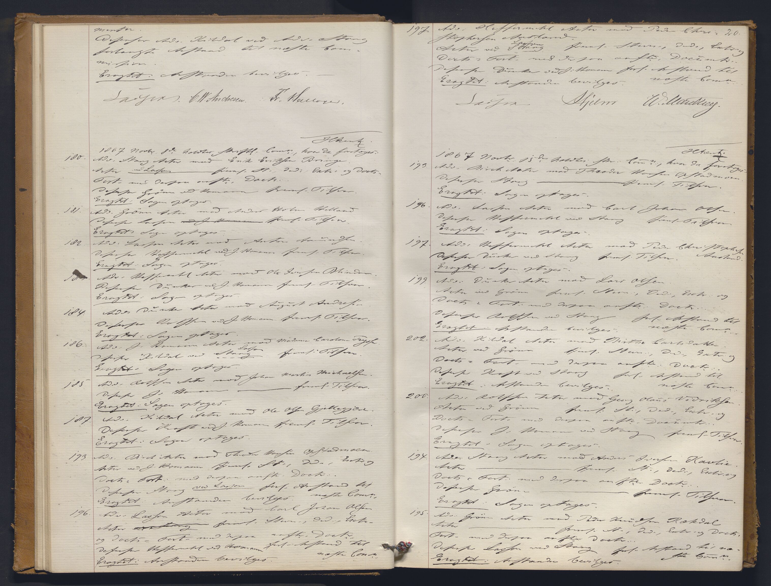 Høyesterett, AV/RA-S-1002/E/Ef/L0012: Protokoll over saker som gikk til skriftlig behandling, 1867-1873, p. 19b-20a