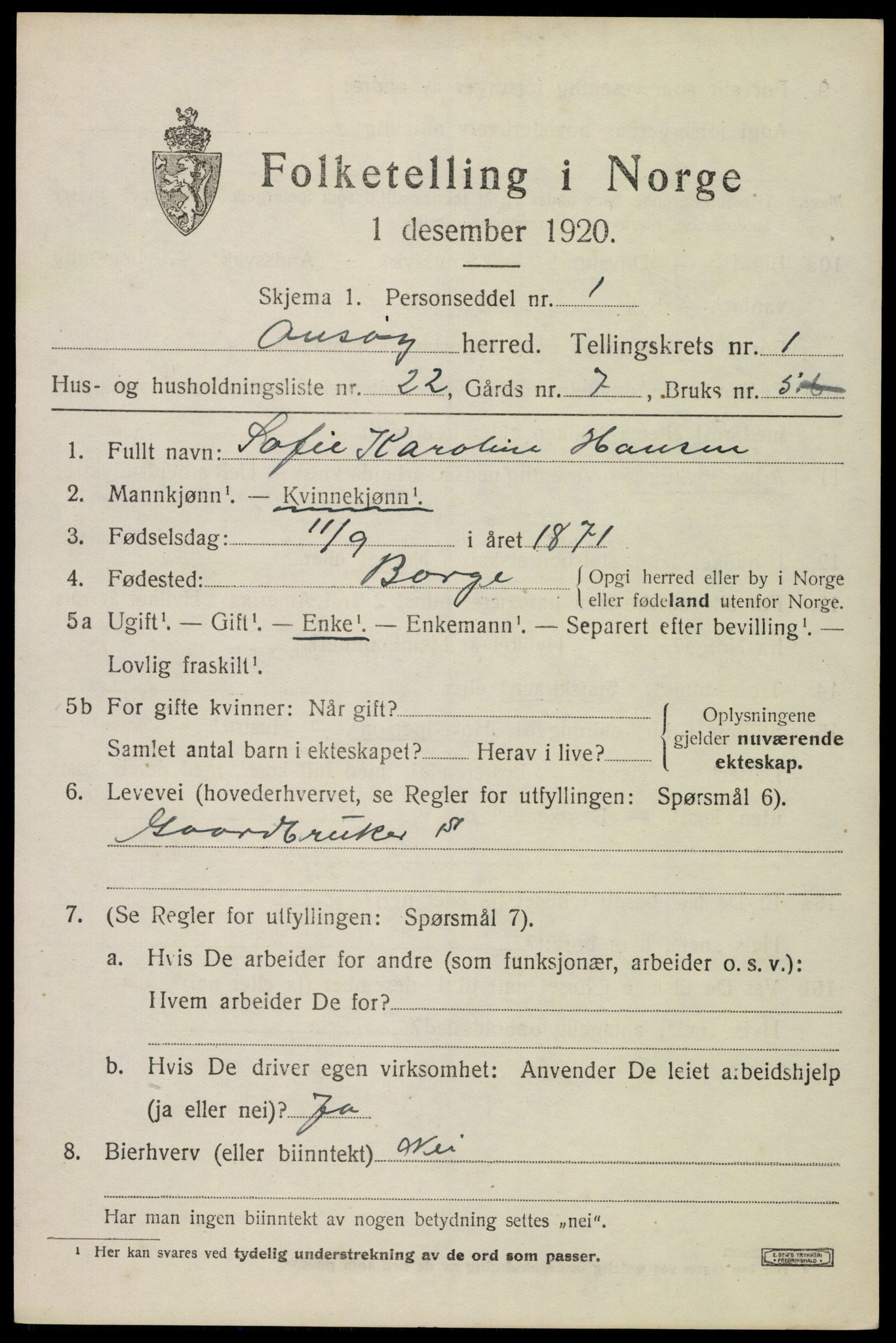 SAO, 1920 census for Onsøy, 1920, p. 3160