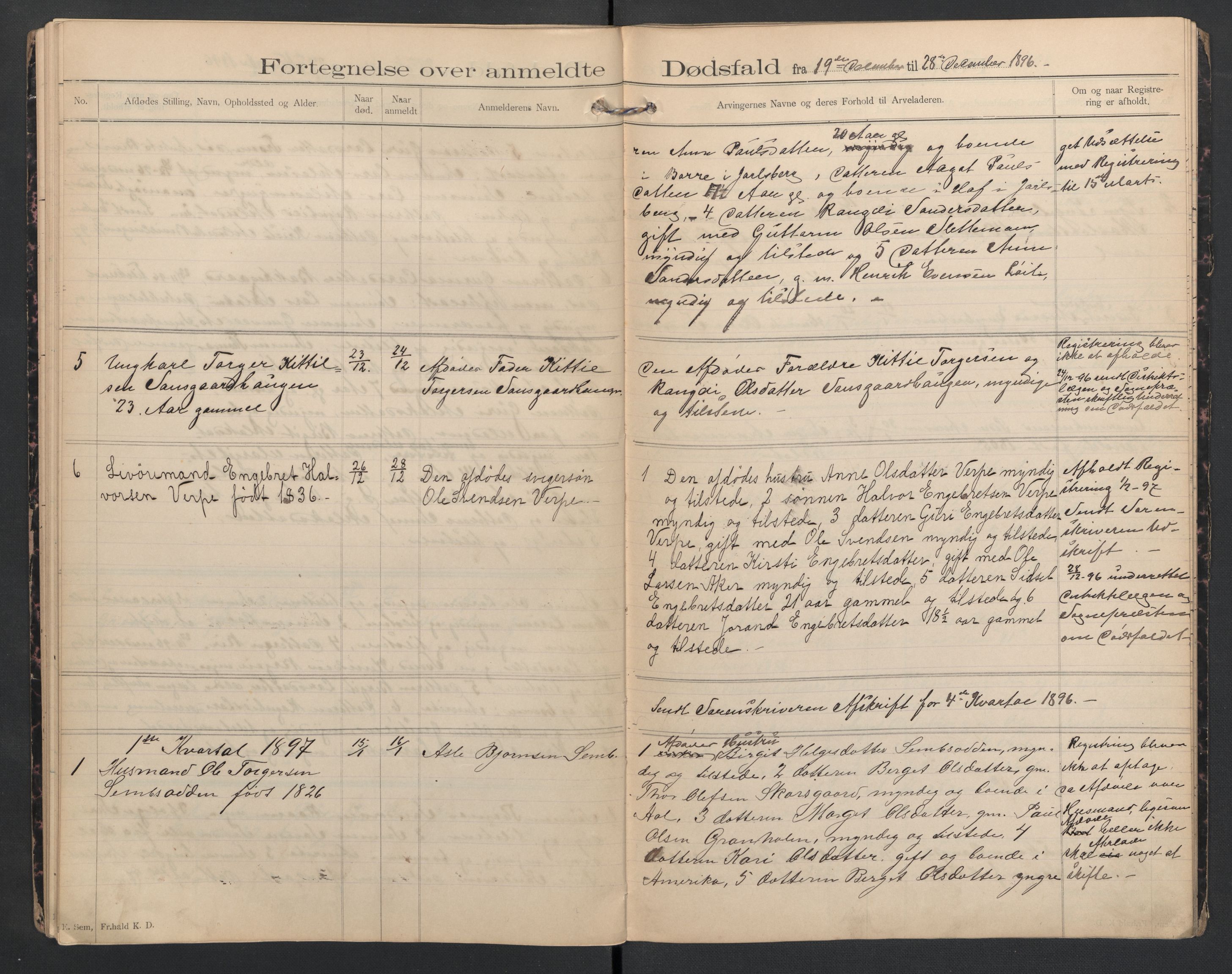 Hol lensmannskontor, SAKO/A-512/H/Ha/L0002: Dødsanmeldelsesprotokoll, 1893-1899