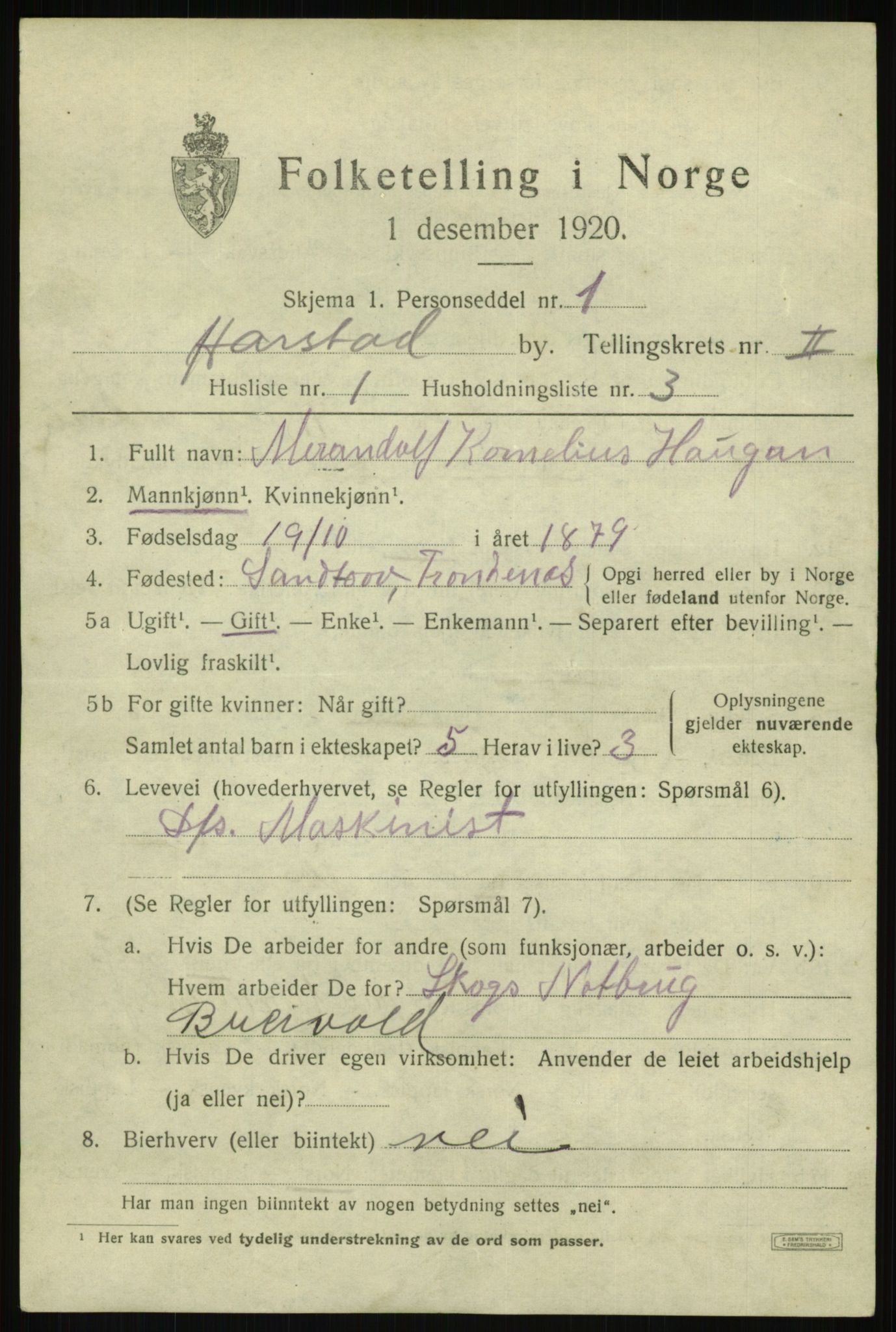 SATØ, 1920 census for Harstad, 1920, p. 2962