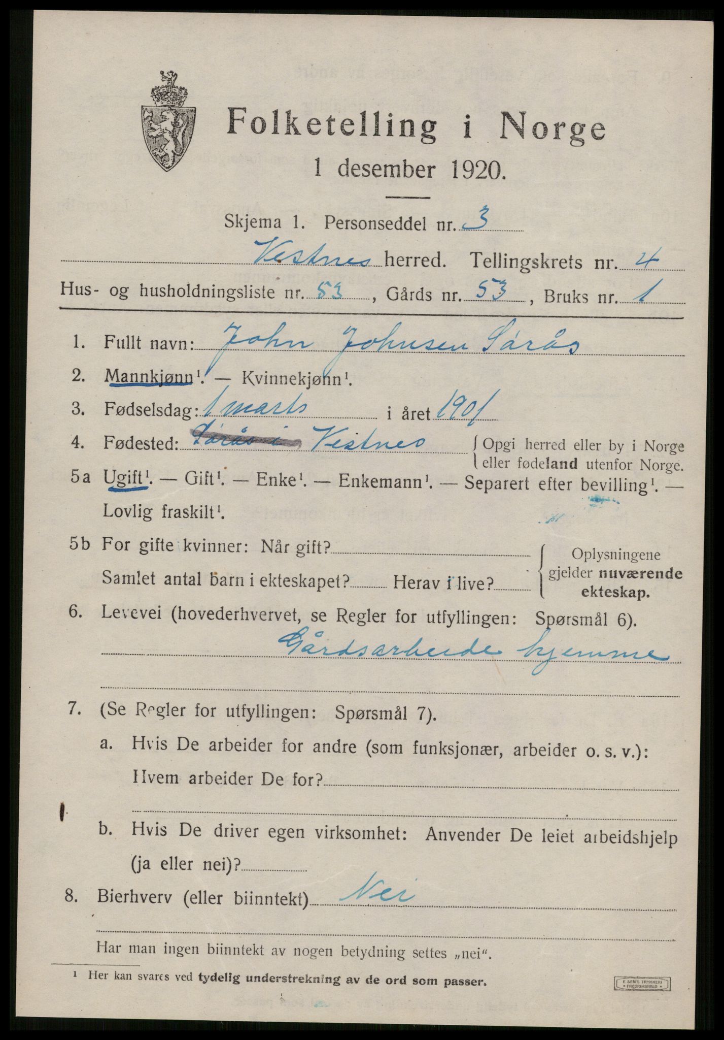 SAT, 1920 census for Vestnes, 1920, p. 3881