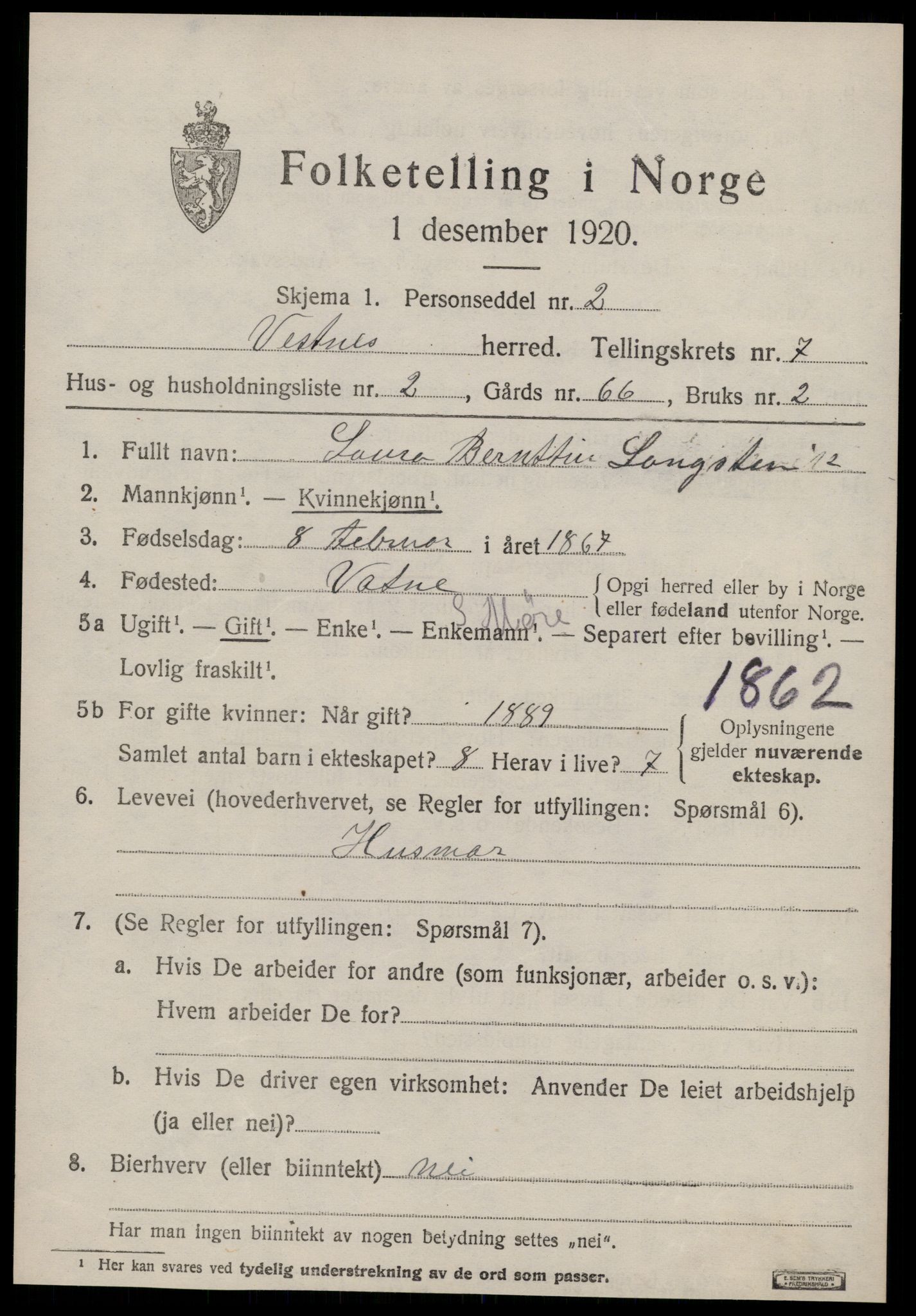 SAT, 1920 census for Vestnes, 1920, p. 5113
