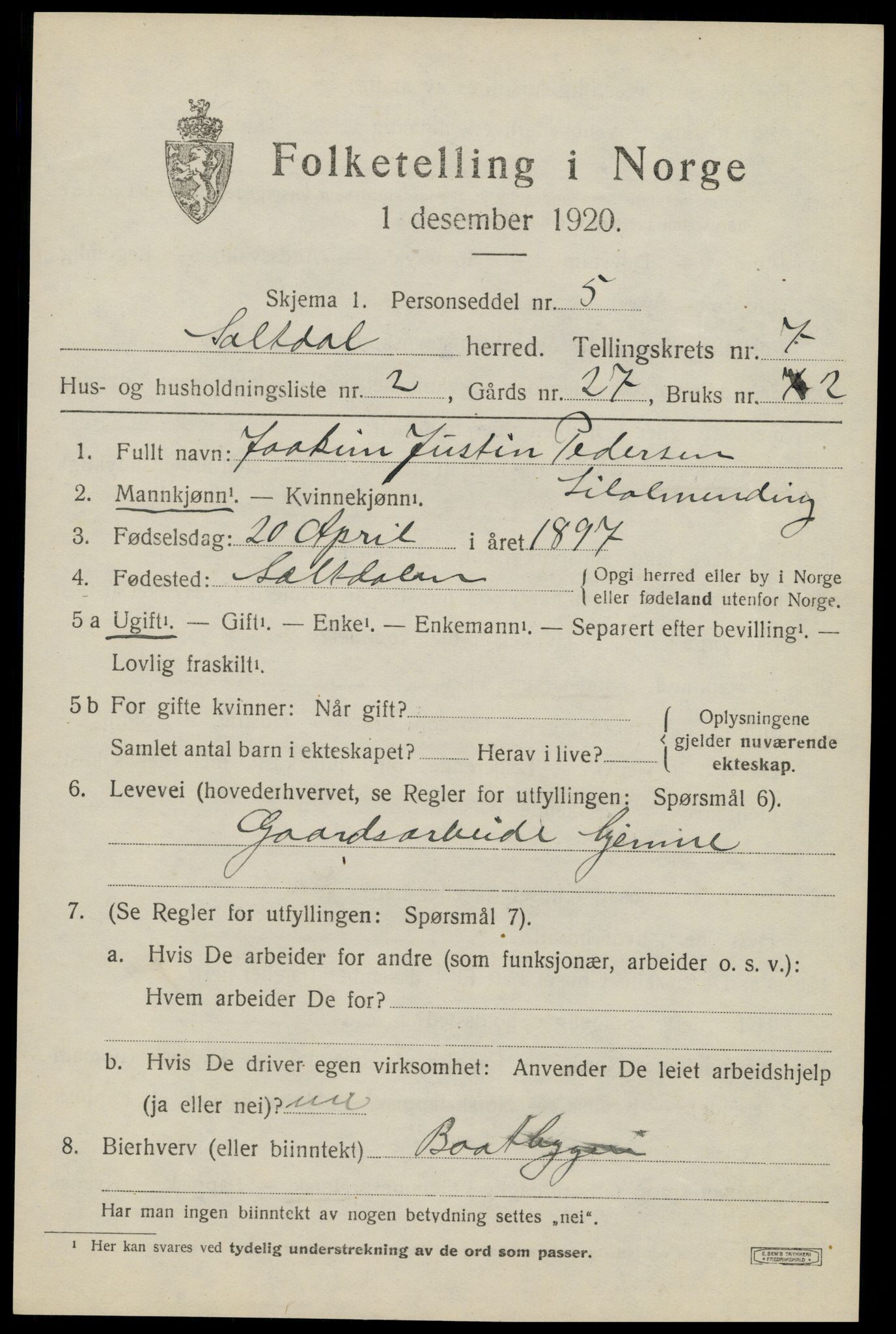 SAT, 1920 census for Saltdal, 1920, p. 7821