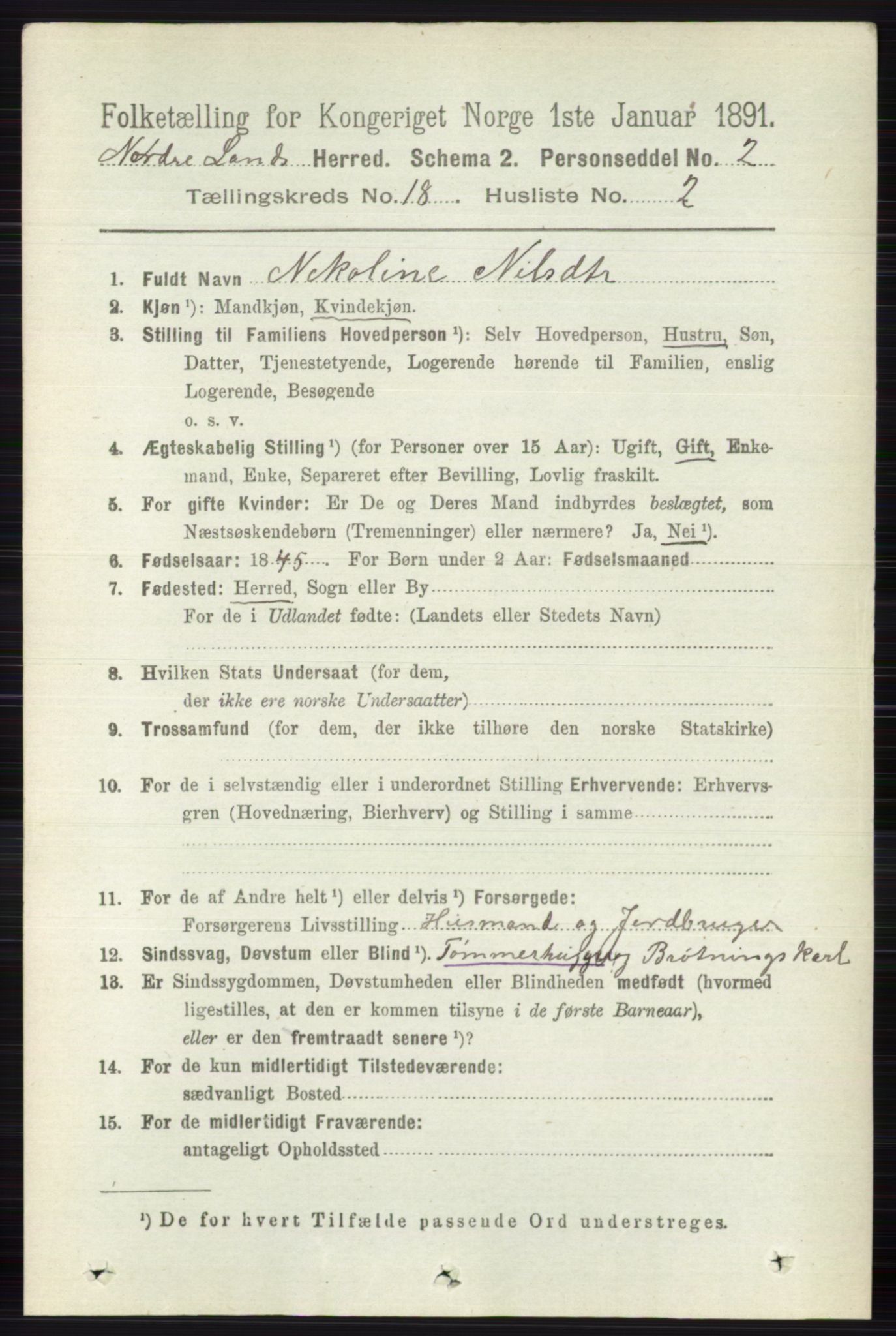 RA, 1891 census for 0538 Nordre Land, 1891, p. 4395