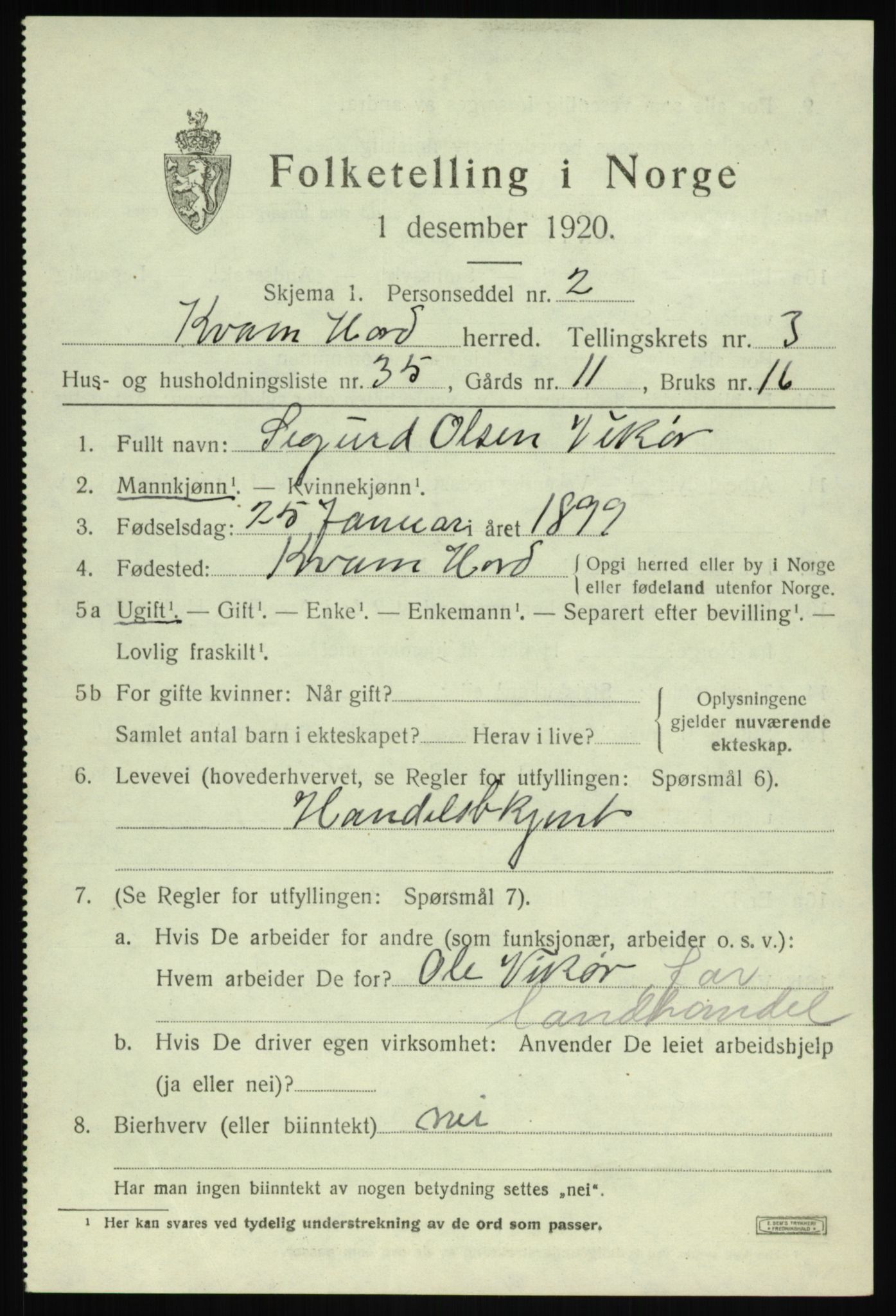 SAB, 1920 census for Kvam, 1920, p. 2953