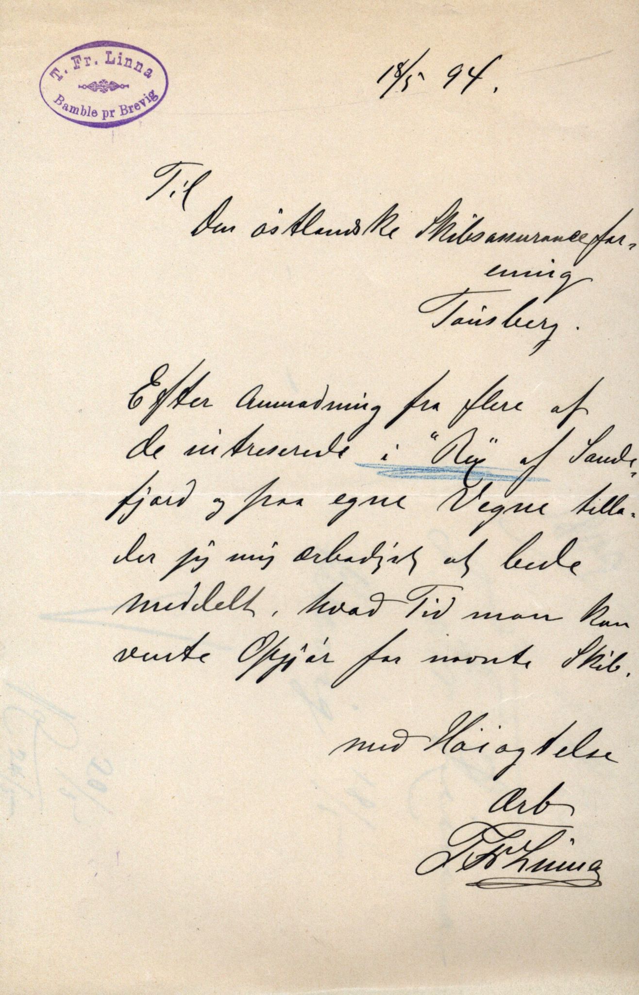 Pa 63 - Østlandske skibsassuranceforening, VEMU/A-1079/G/Ga/L0030/0003: Havaridokumenter / Rex, Salus, Schweigaard, Seladon, Titania, Tordenskjold av Trondhjem, 1893, p. 2
