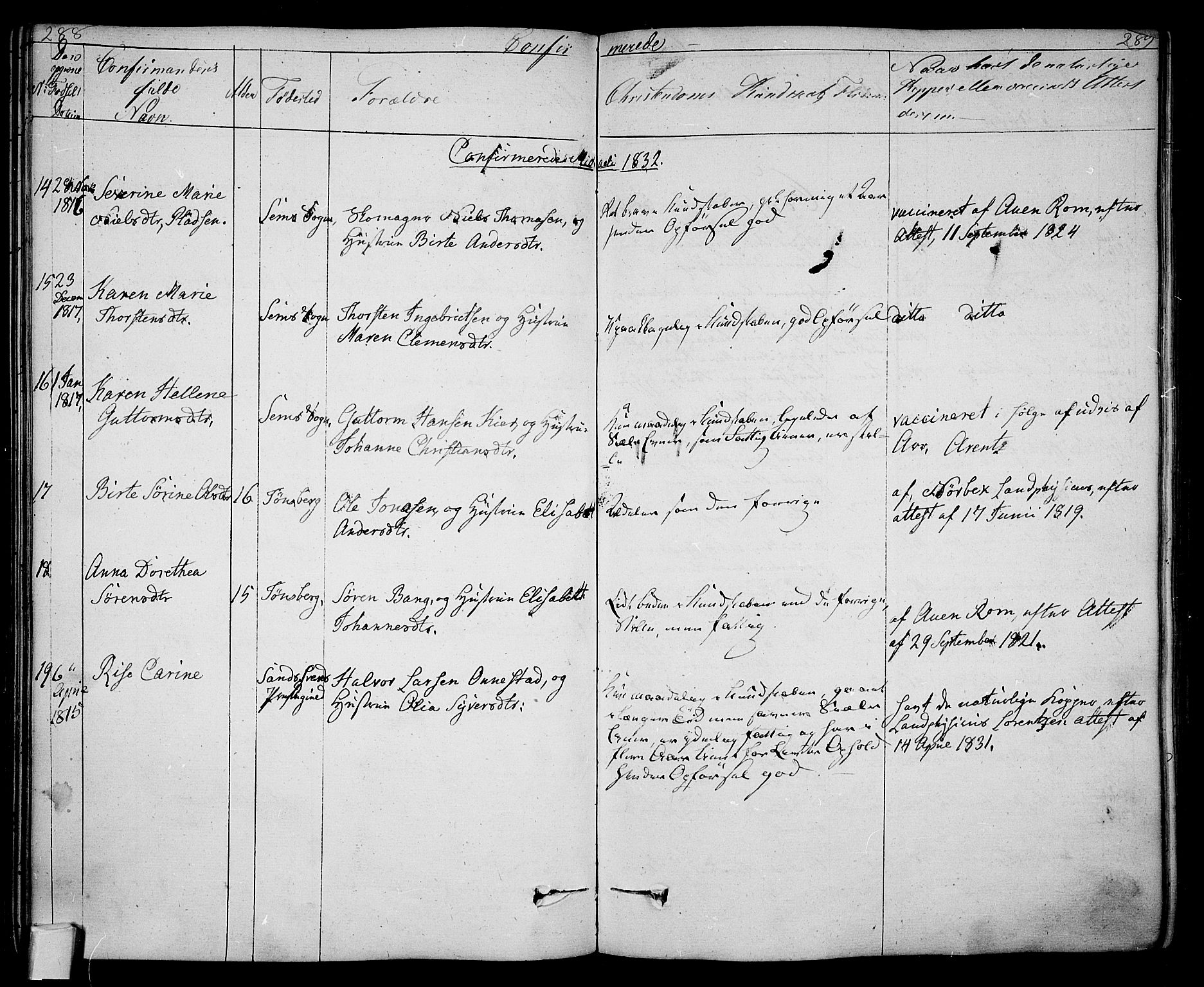 Tønsberg kirkebøker, AV/SAKO-A-330/F/Fa/L0005: Parish register (official) no. I 5, 1827-1836, p. 288-289