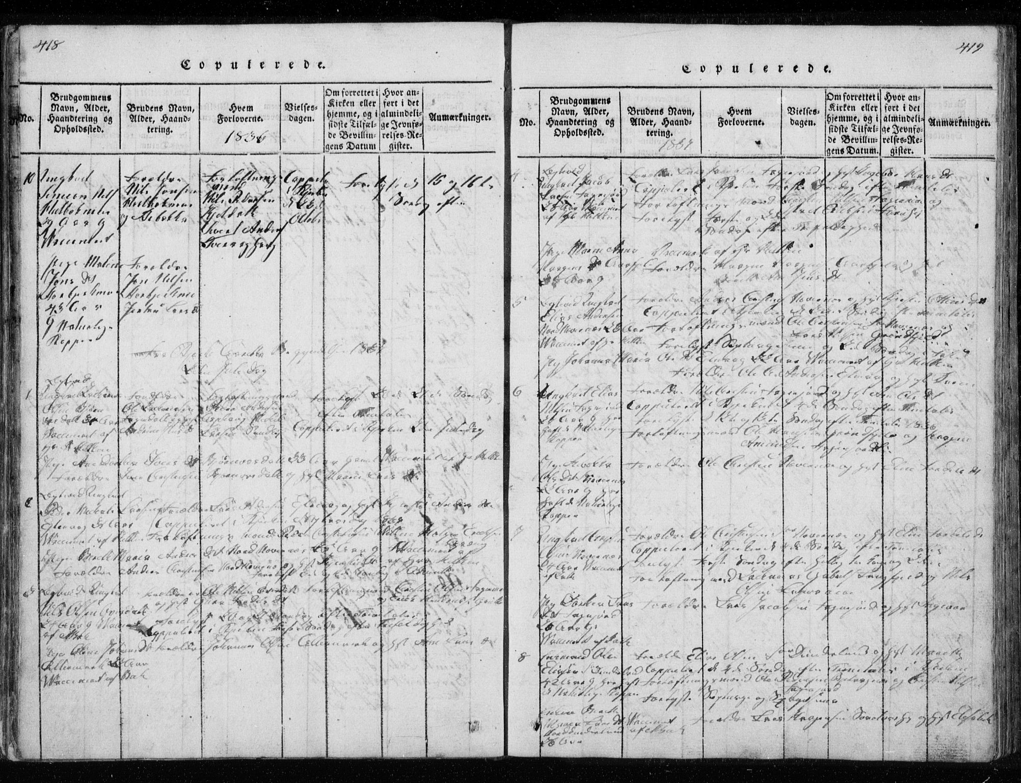 Ministerialprotokoller, klokkerbøker og fødselsregistre - Nordland, AV/SAT-A-1459/827/L0412: Parish register (copy) no. 827C01, 1820-1841, p. 418-419