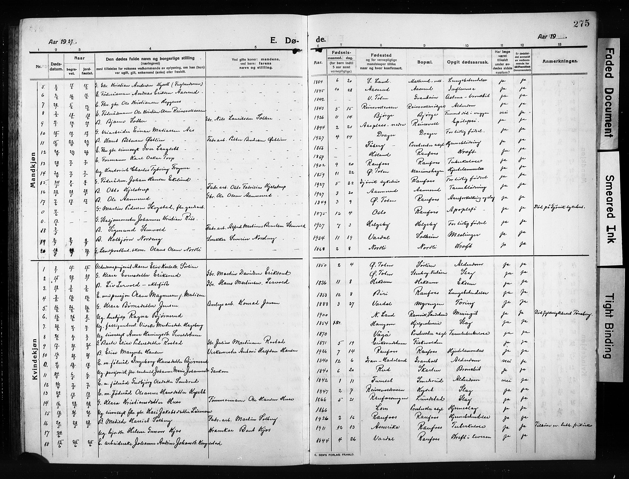 Vestre Toten prestekontor, AV/SAH-PREST-108/H/Ha/Hab/L0012: Parish register (copy) no. 12, 1909-1928, p. 275