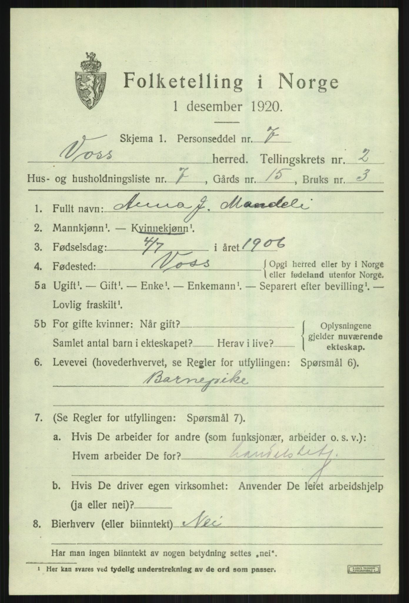 SAB, 1920 census for Voss, 1920, p. 3541