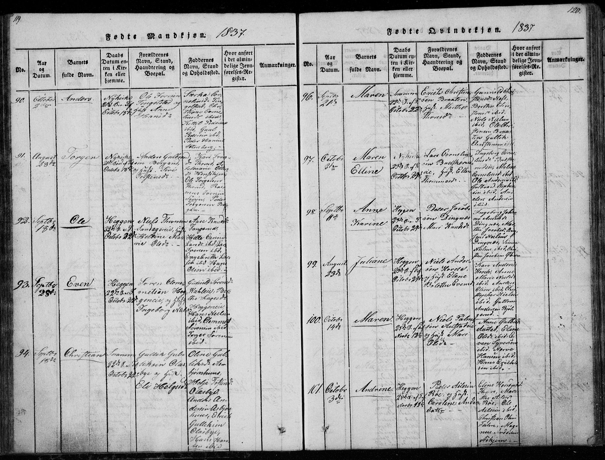 Modum kirkebøker, AV/SAKO-A-234/G/Ga/L0003: Parish register (copy) no. I 3, 1832-1842, p. 119-120