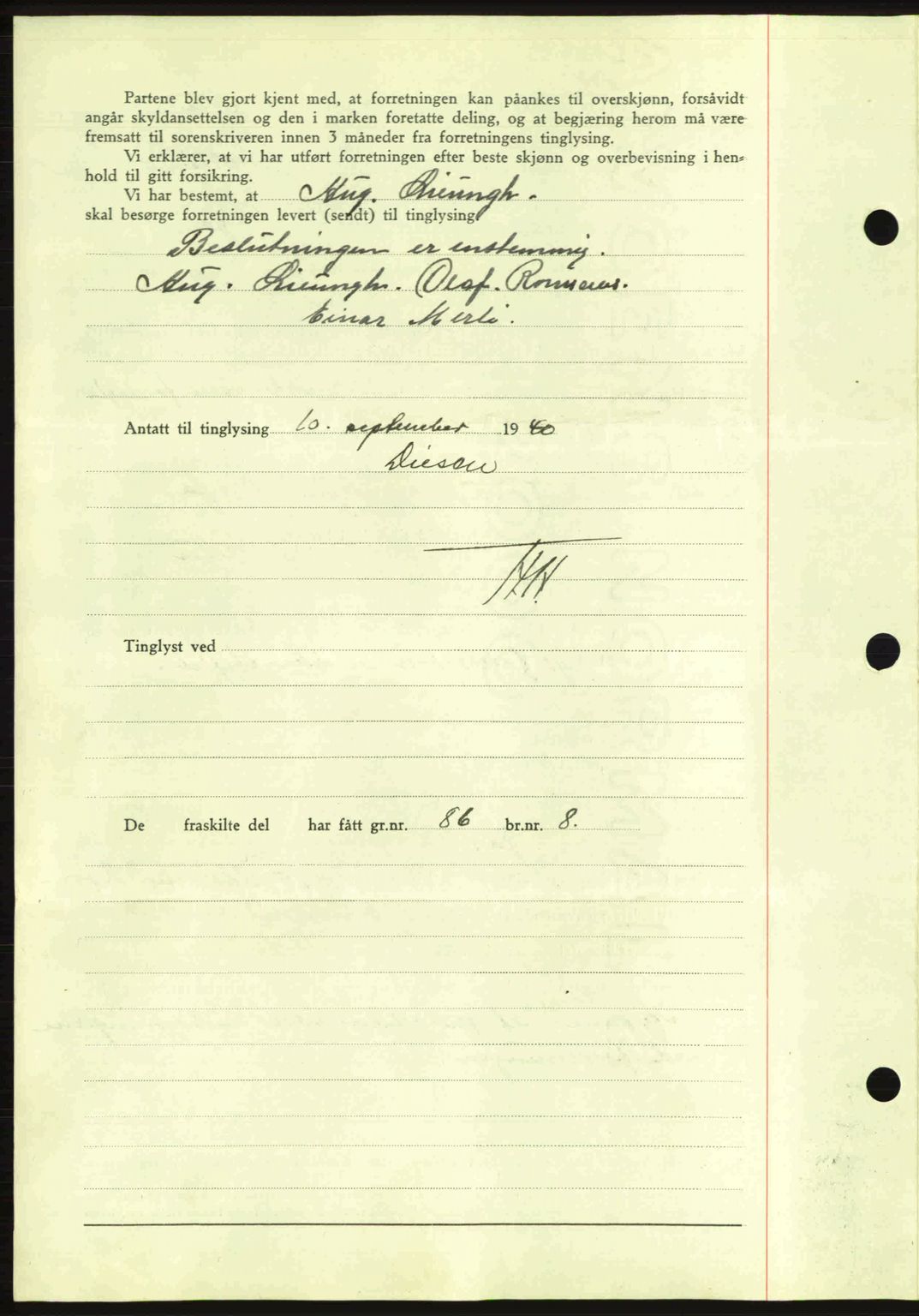 Nes tingrett, SAO/A-10548/G/Gb/Gbb/L0010: Mortgage book no. 54, 1939-1940, Diary no: : 1215/1940