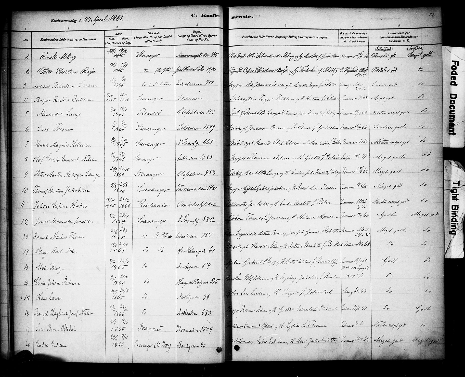 Domkirken sokneprestkontor, SAST/A-101812/001/30/30BA/L0028: Parish register (official) no. A 27, 1878-1896, p. 22