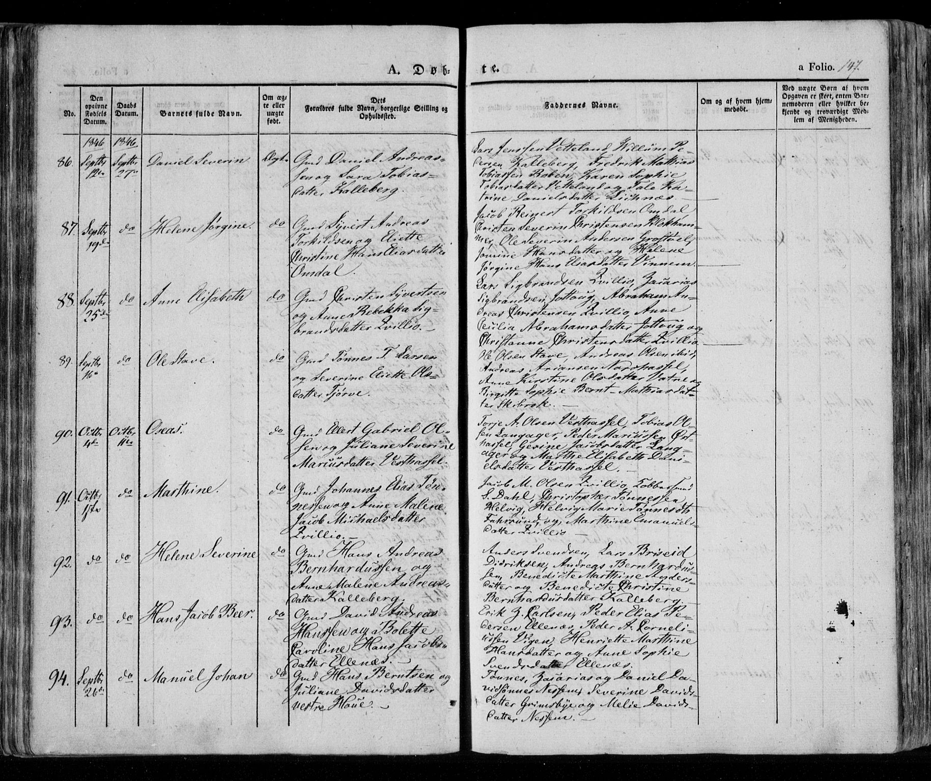 Lista sokneprestkontor, AV/SAK-1111-0027/F/Fa/L0009: Parish register (official) no. A 9, 1835-1846, p. 147