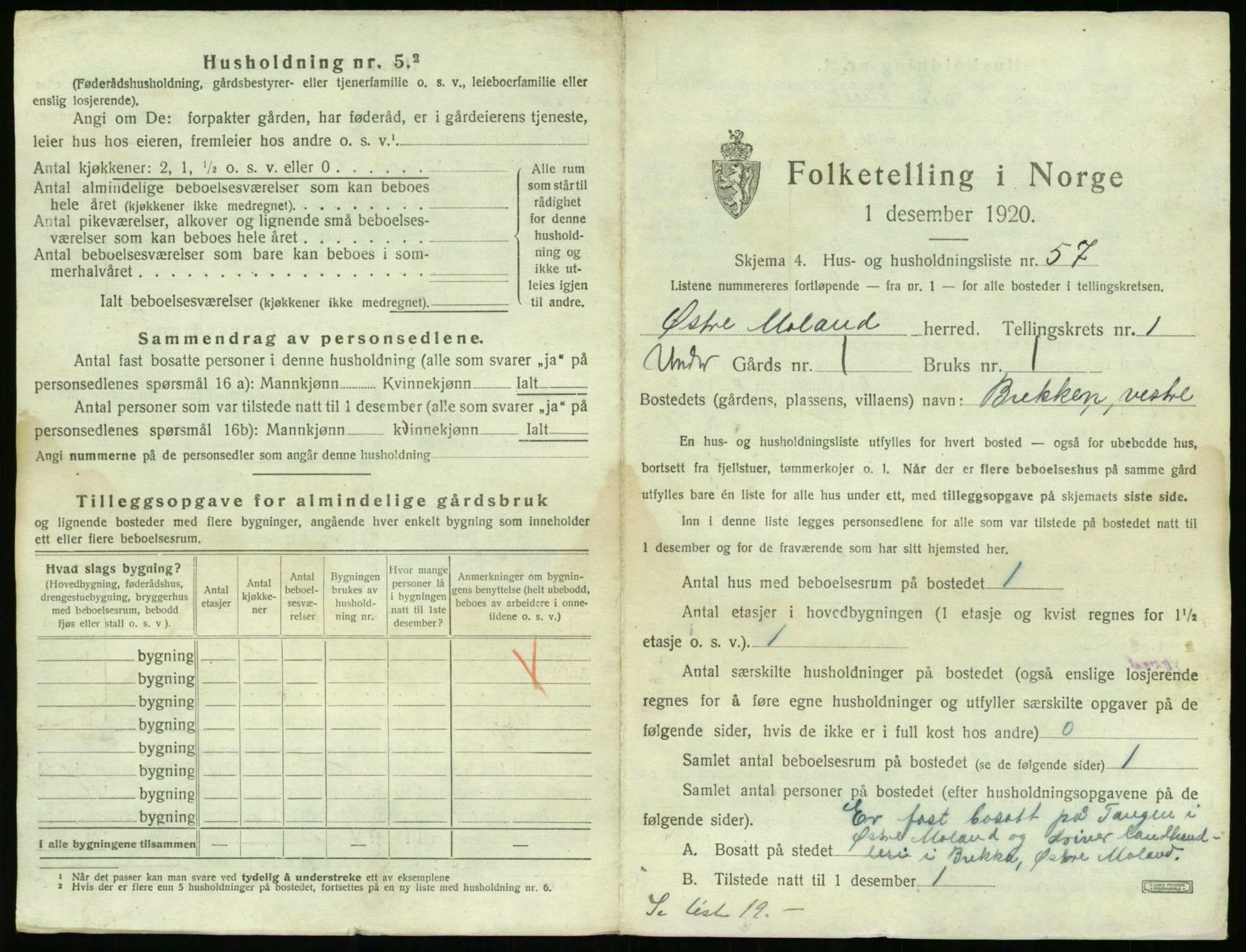 SAK, 1920 census for Austre Moland, 1920, p. 137