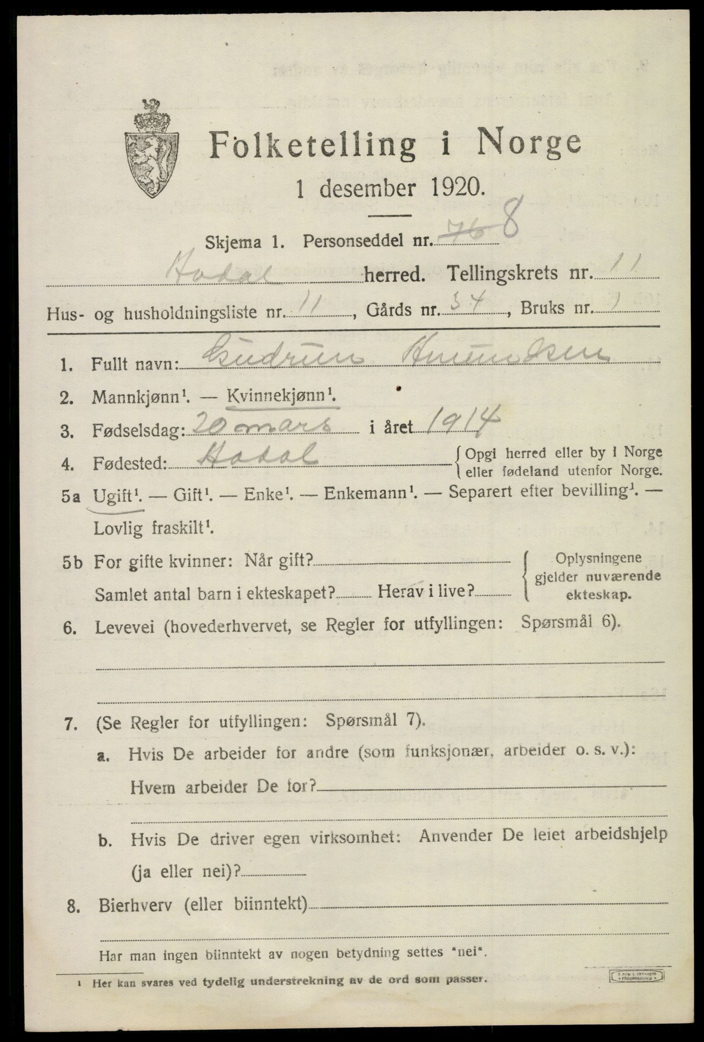 SAKO, 1920 census for Ådal, 1920, p. 6758