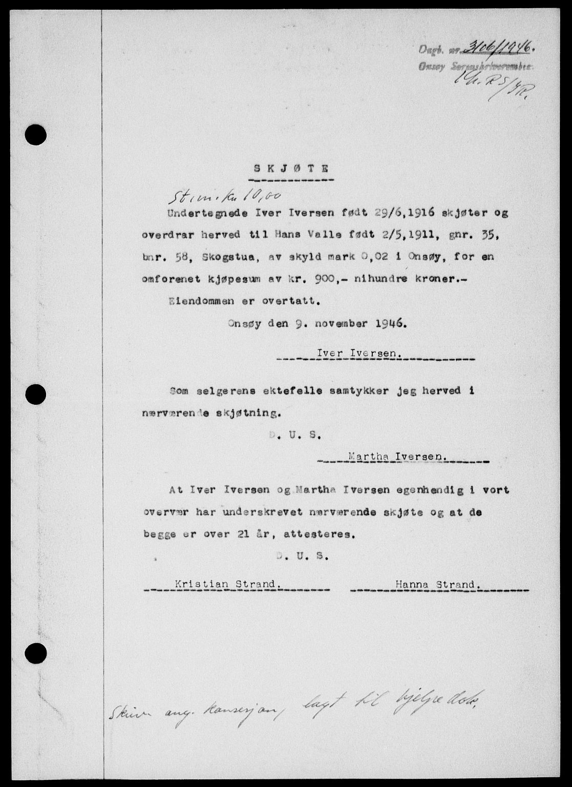 Onsøy sorenskriveri, SAO/A-10474/G/Ga/Gab/L0018: Mortgage book no. II A-18, 1946-1947, Diary no: : 3106/1946