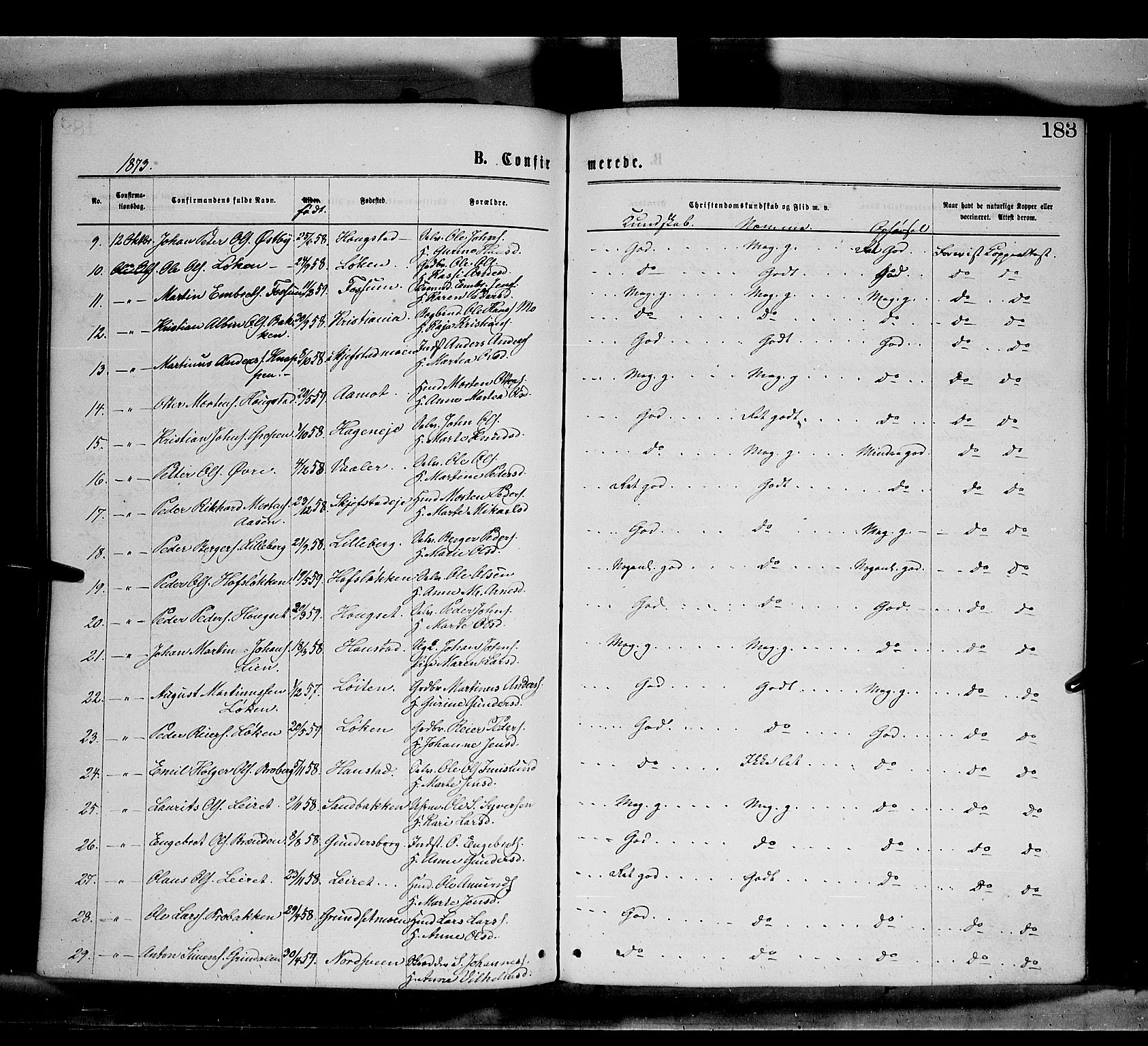 Elverum prestekontor, AV/SAH-PREST-044/H/Ha/Haa/L0011: Parish register (official) no. 11, 1869-1879, p. 183