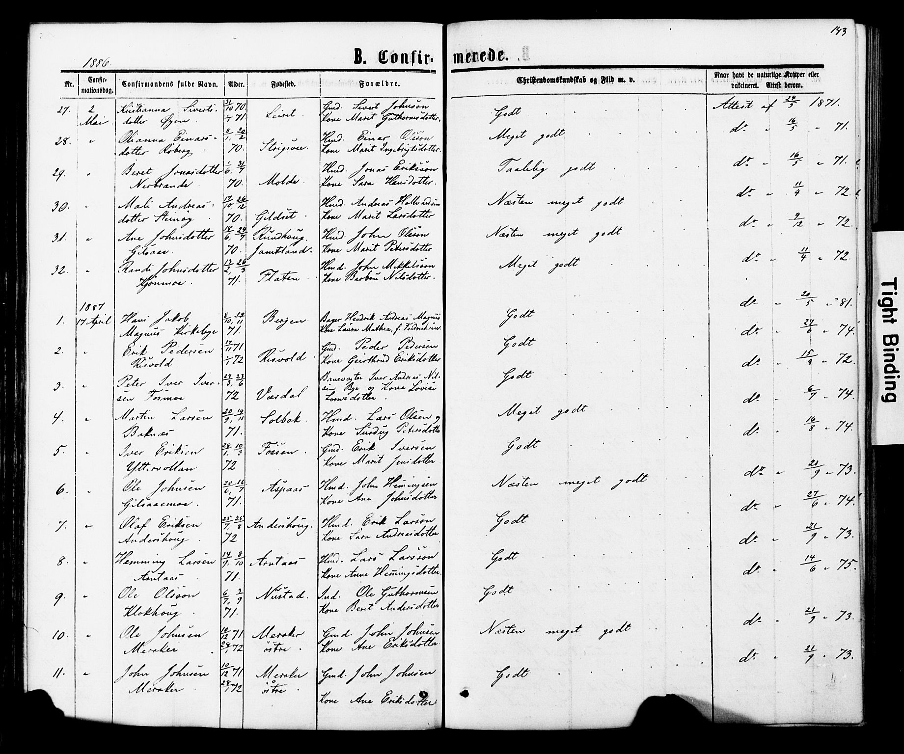 Ministerialprotokoller, klokkerbøker og fødselsregistre - Nord-Trøndelag, SAT/A-1458/706/L0049: Parish register (copy) no. 706C01, 1864-1895, p. 143
