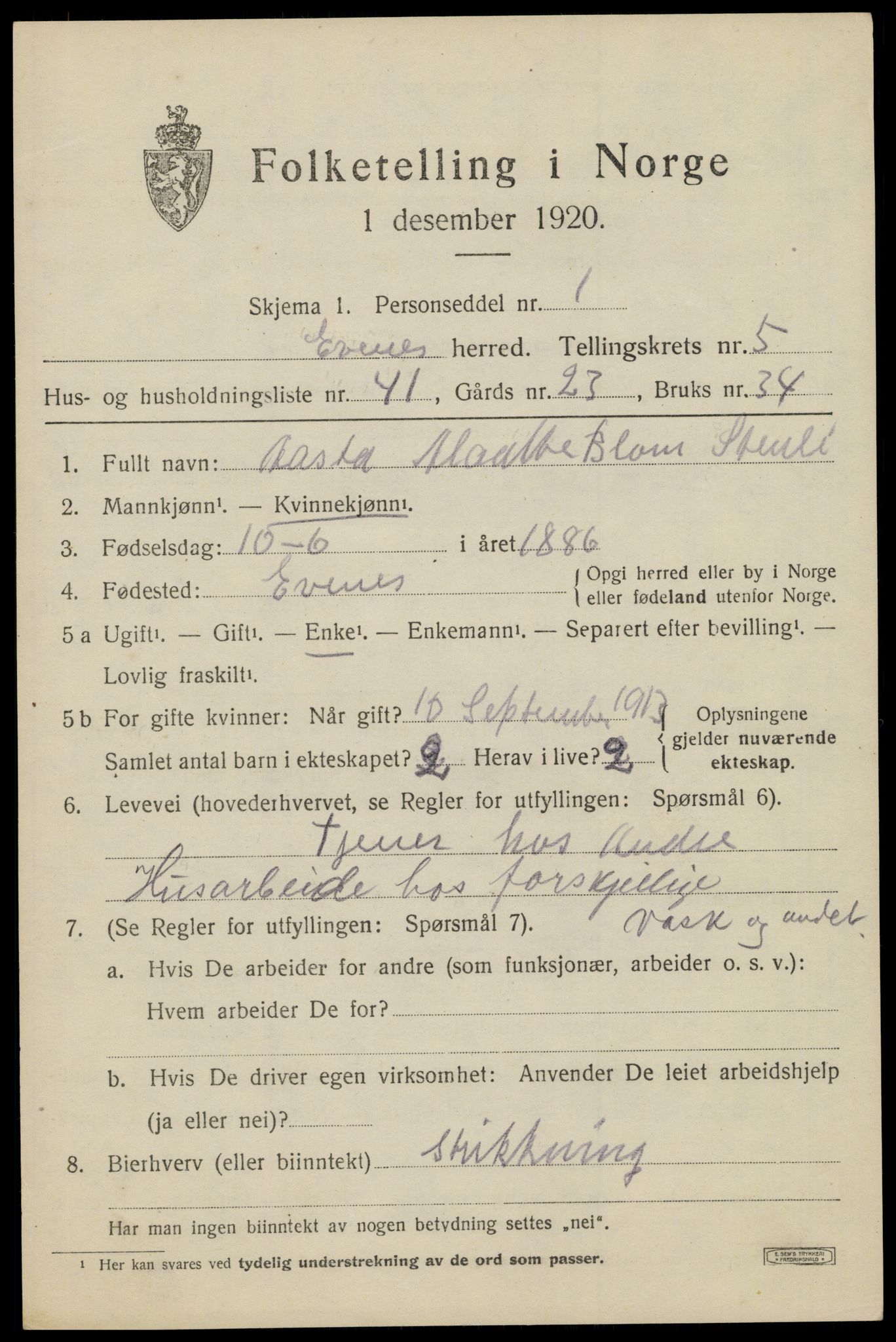 SAT, 1920 census for Evenes, 1920, p. 4676