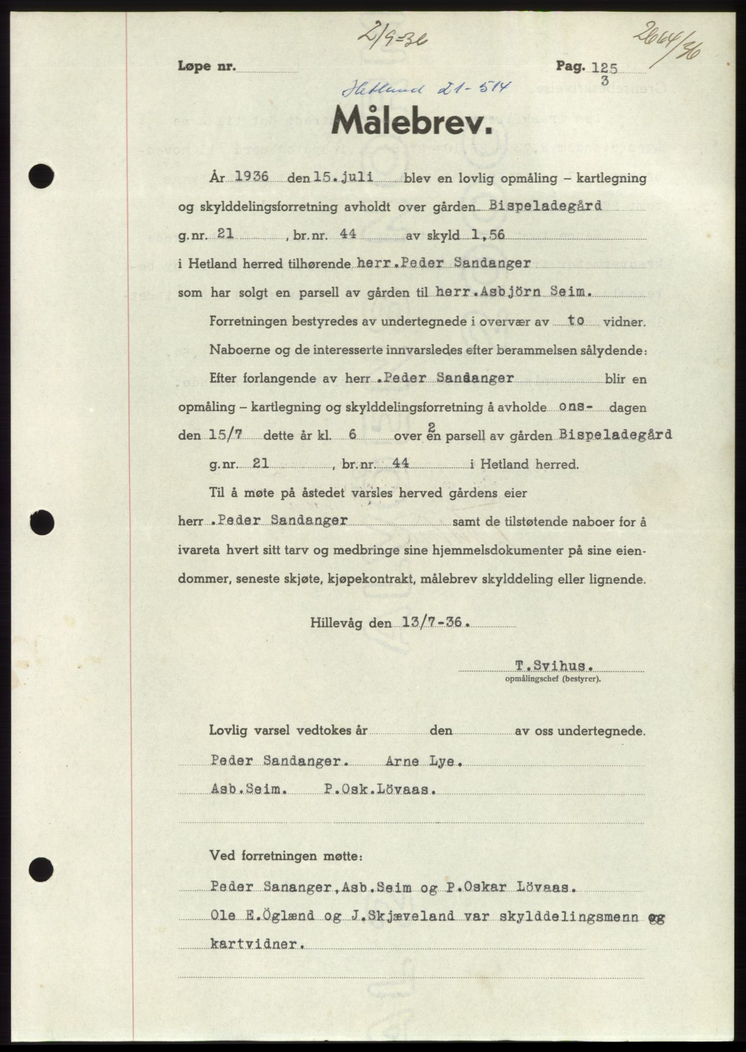 Jæren sorenskriveri, SAST/A-100310/03/G/Gba/L0066: Mortgage book no. 71-72, 1936-1936, Diary no: : 2664/1936