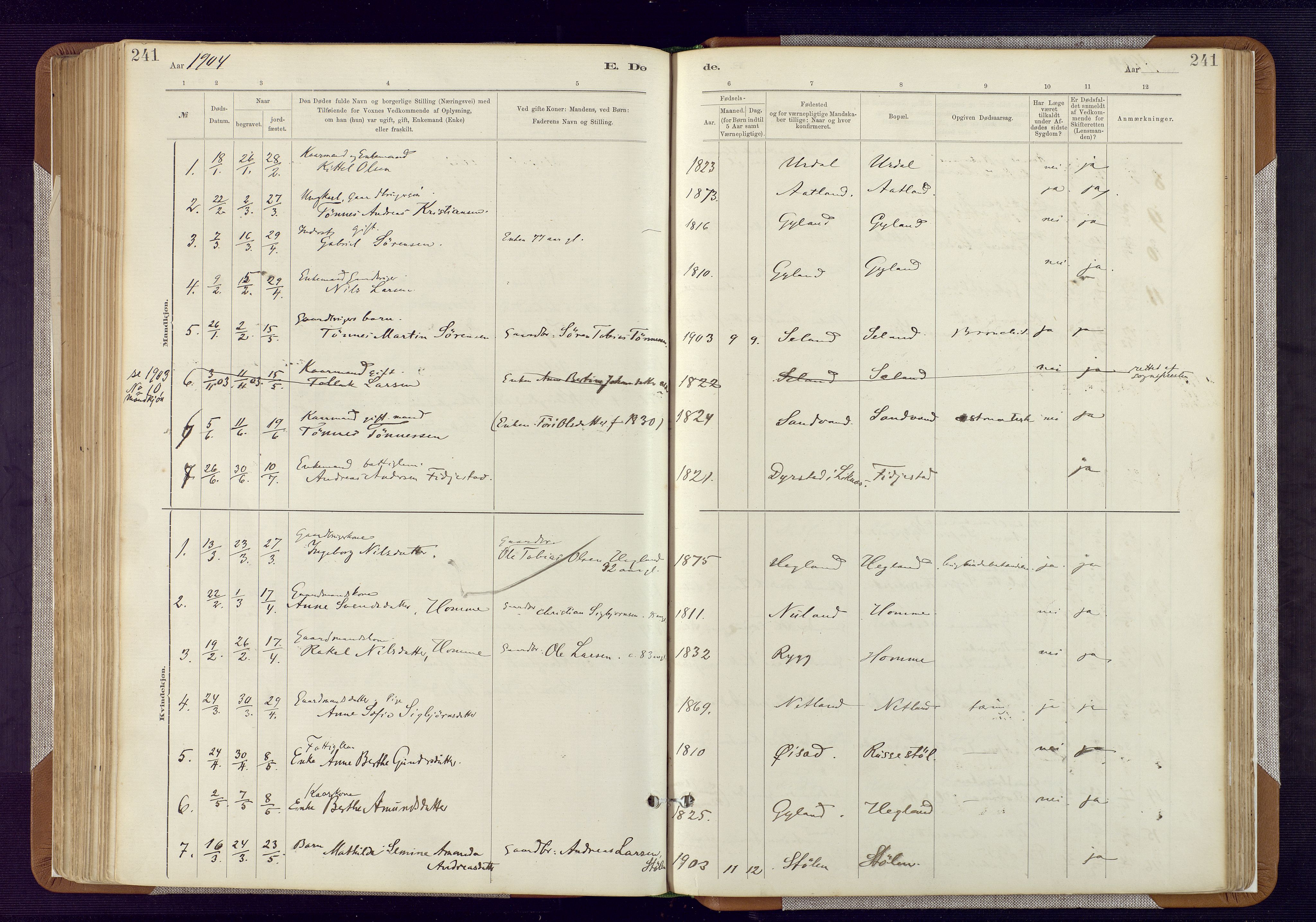 Bakke sokneprestkontor, SAK/1111-0002/F/Fa/Fab/L0003: Parish register (official) no. A 3, 1884-1921, p. 241