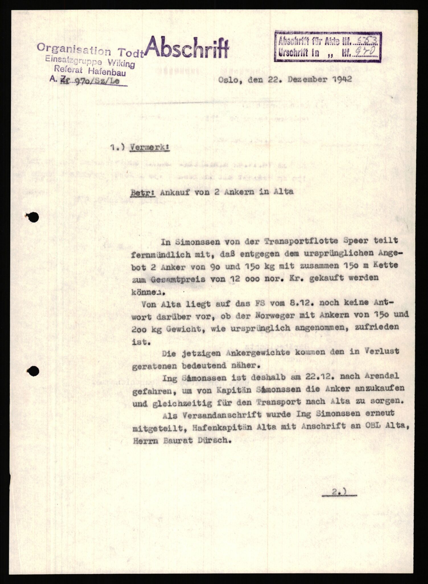 Tyske arkiver, Organisation Todt (OT), Einsatzgruppe Wiking, AV/RA-RAFA-2188/1/E/E2/E2d/L0023: Fähren und Anlegen, 1942-1944, p. 167