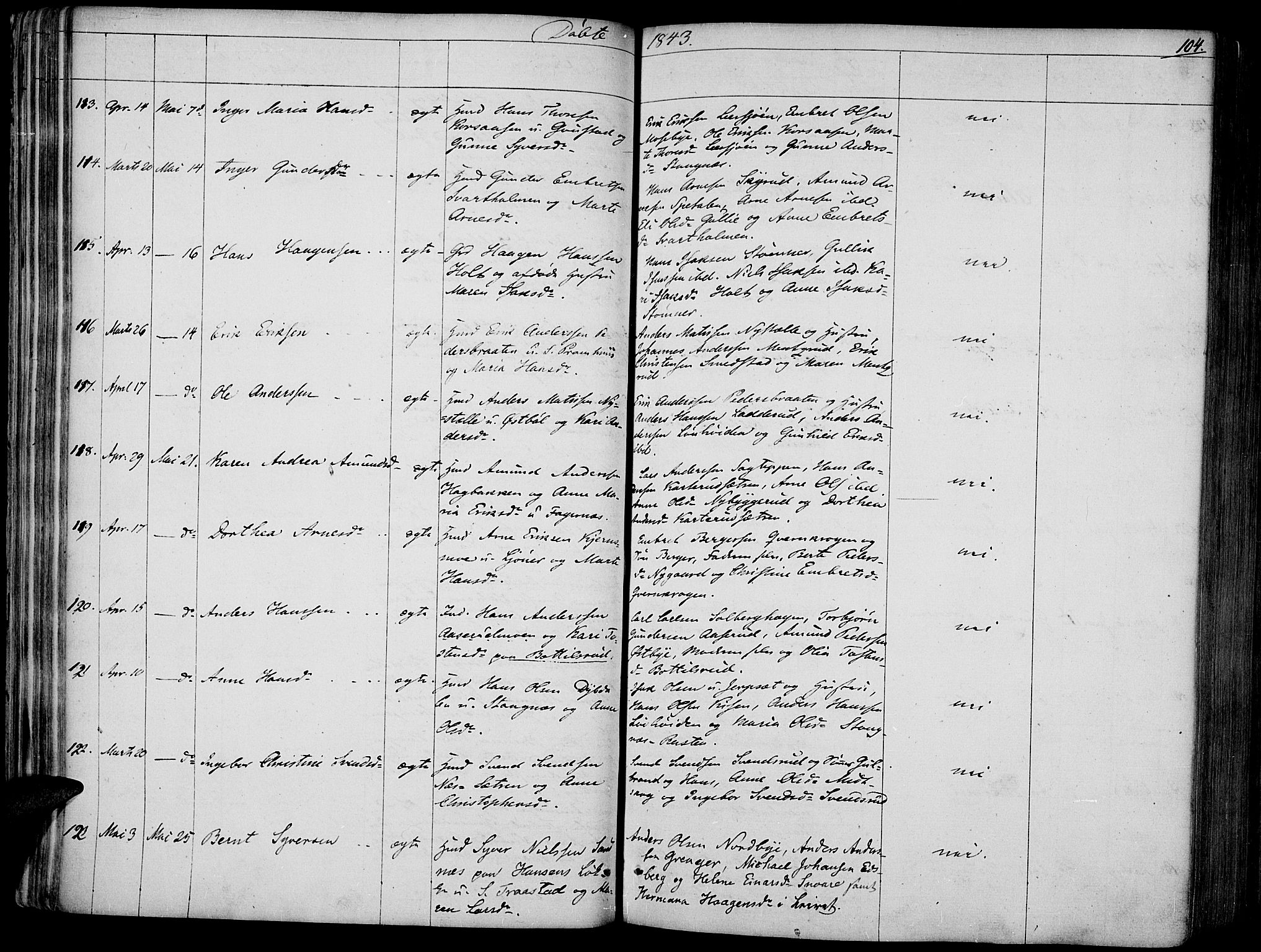 Vinger prestekontor, SAH/PREST-024/H/Ha/Haa/L0008: Parish register (official) no. 8, 1839-1847, p. 104