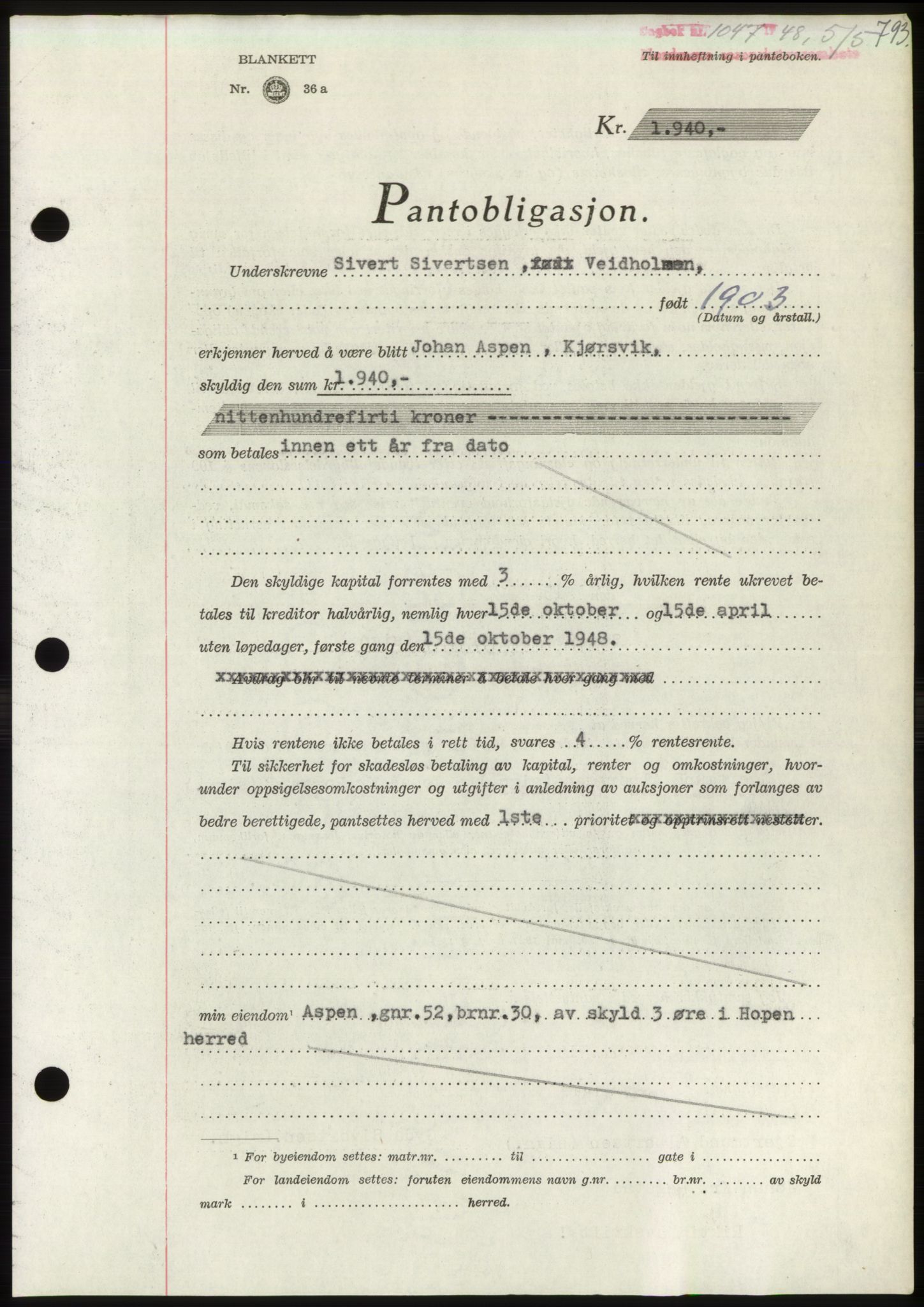 Nordmøre sorenskriveri, AV/SAT-A-4132/1/2/2Ca: Mortgage book no. B98, 1948-1948, Diary no: : 1047/1948